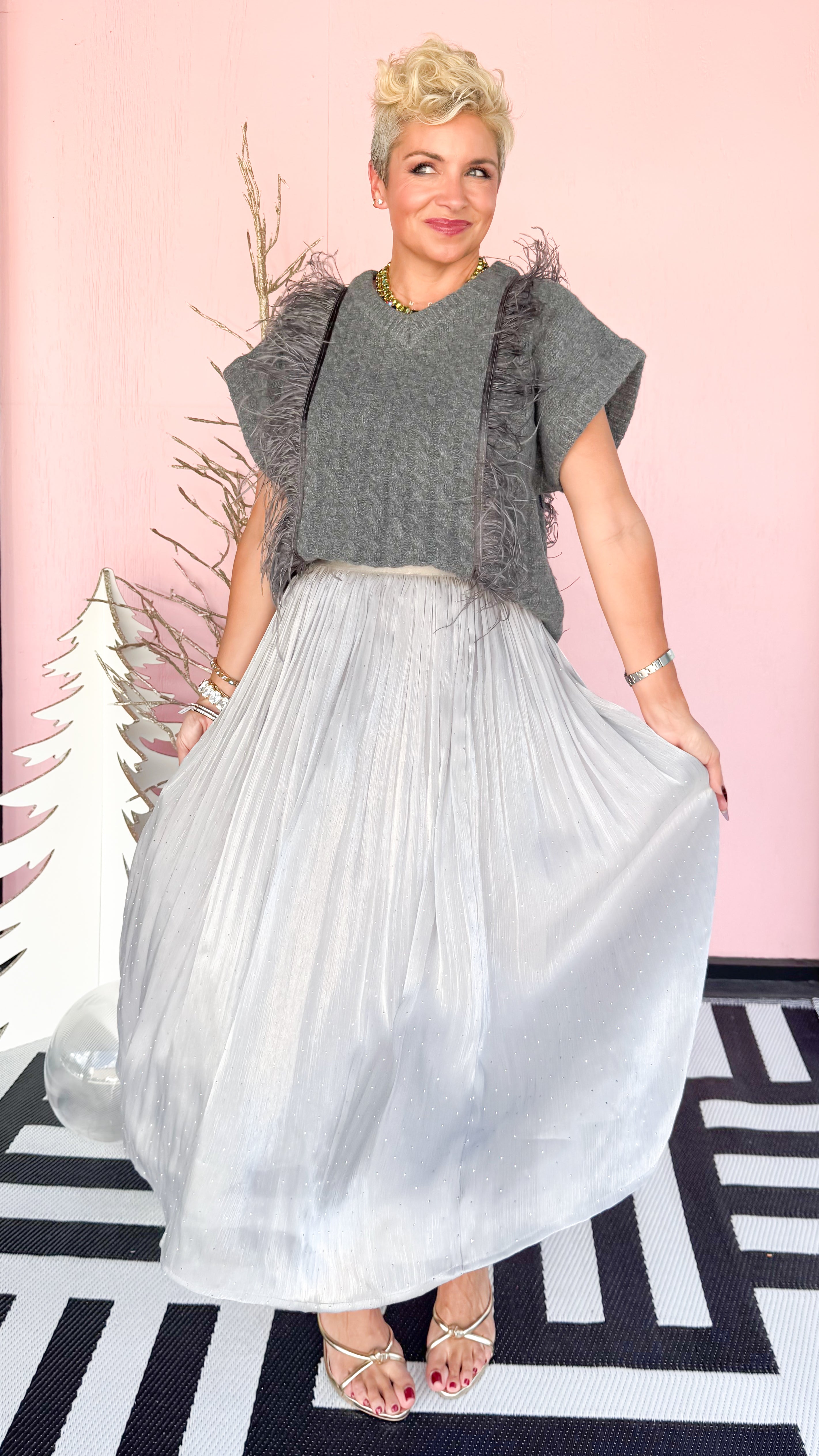 Silver Stud Shimmer Midi Skirt