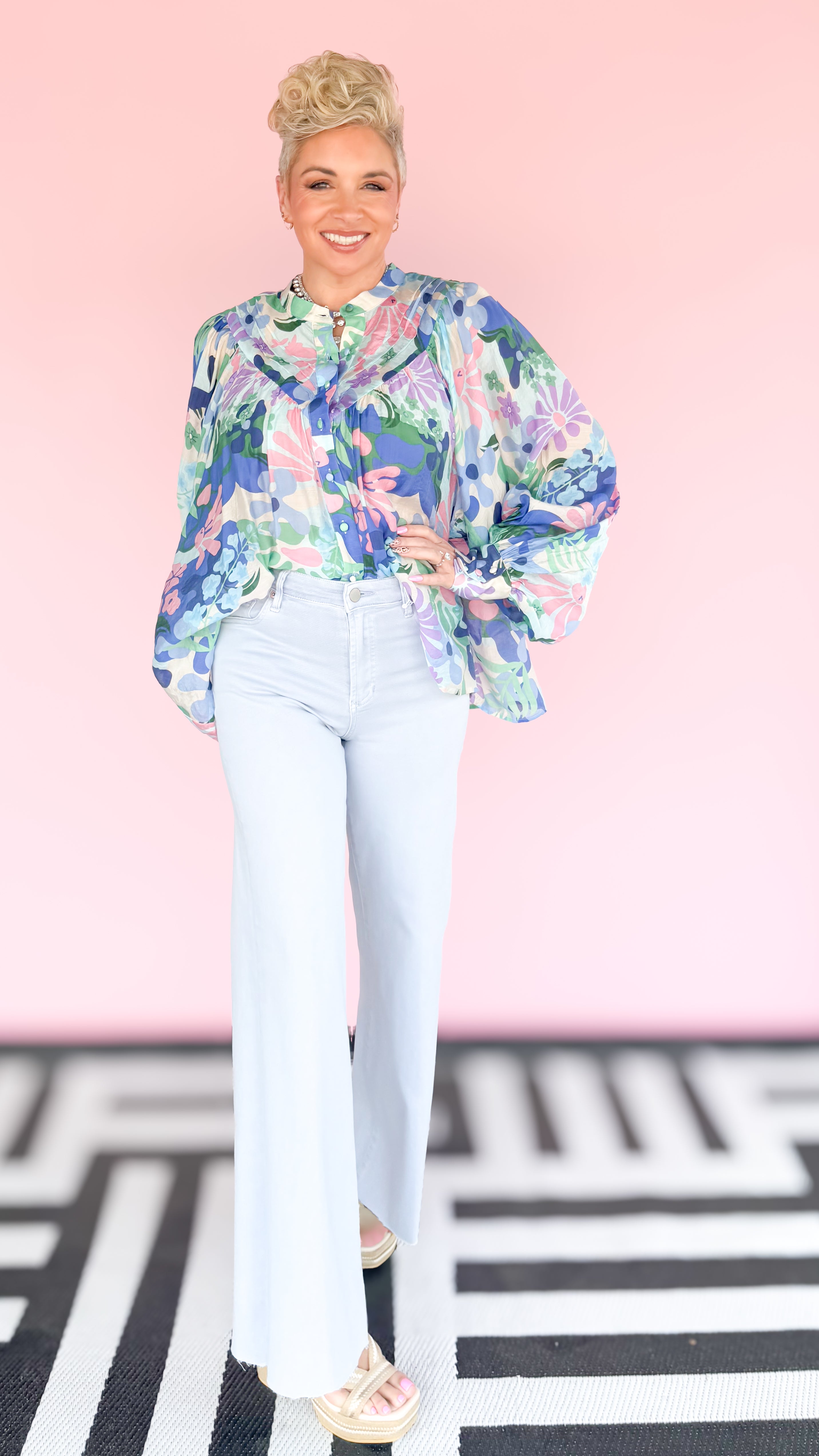 Retro Floral Ocean Blue Blouse - The BLVD