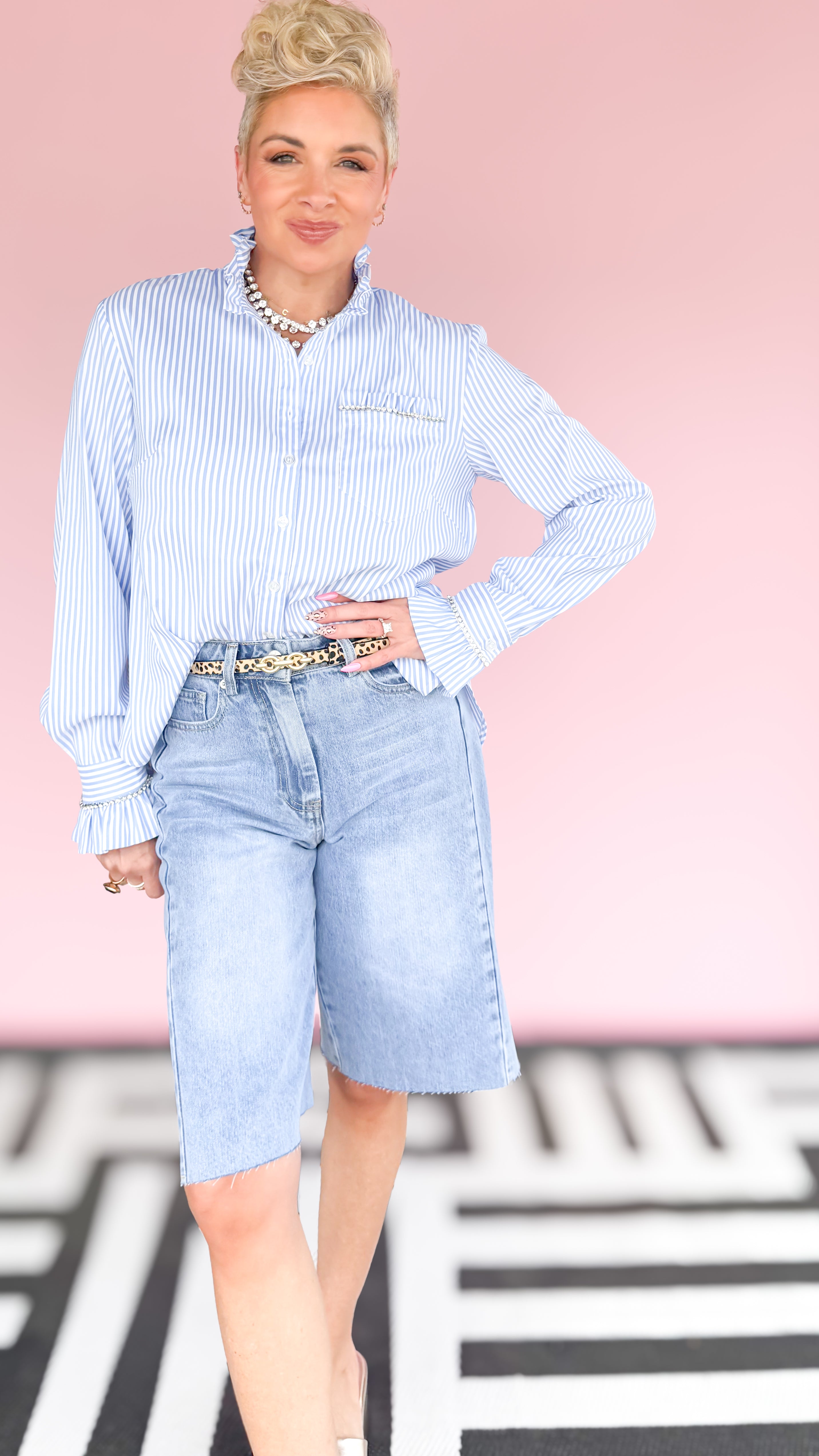Jessica jorts with rough hem worn on model - full length view - BLVD Boutik
