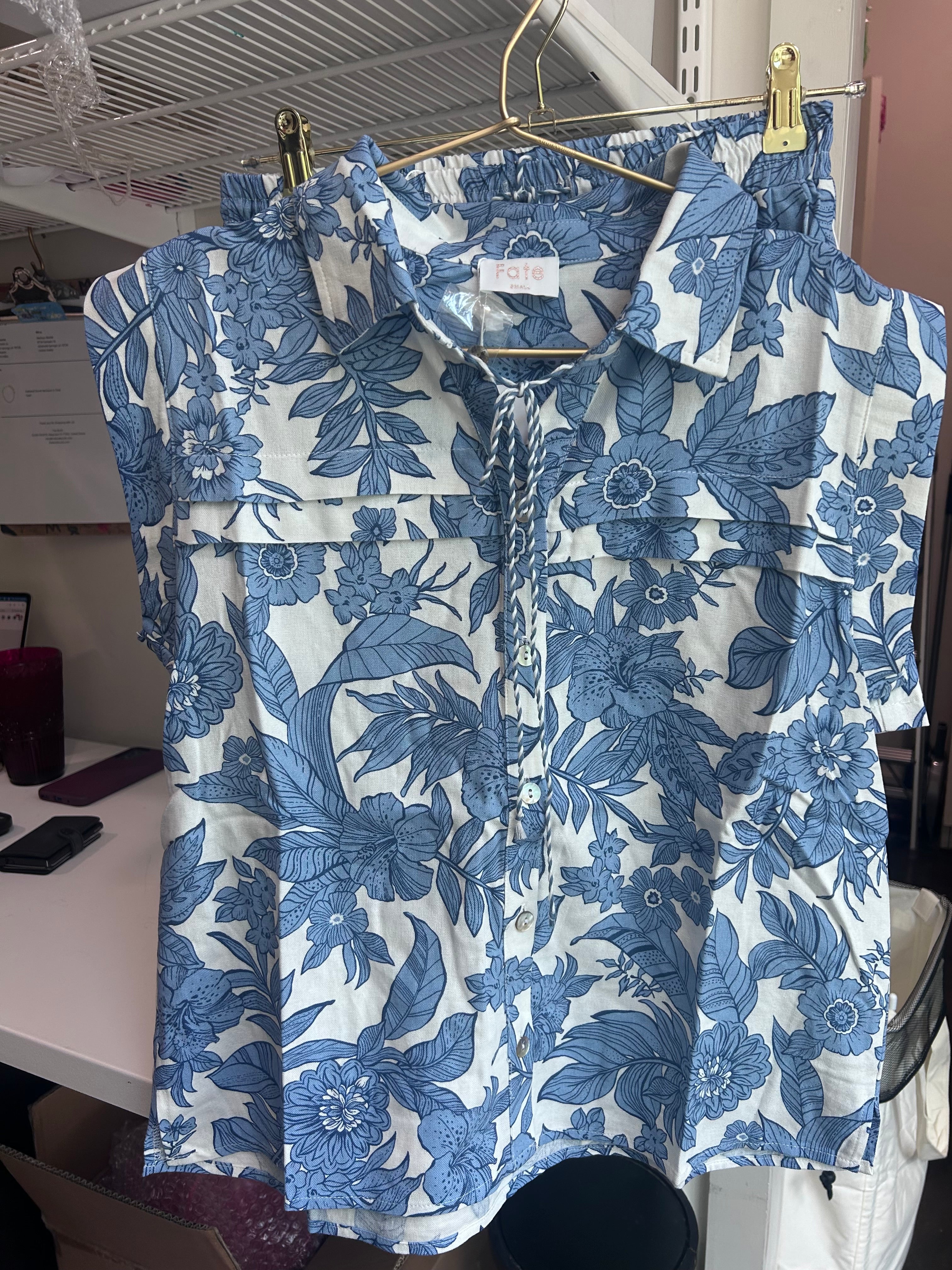 Blue Floral Cap Sleeve Top