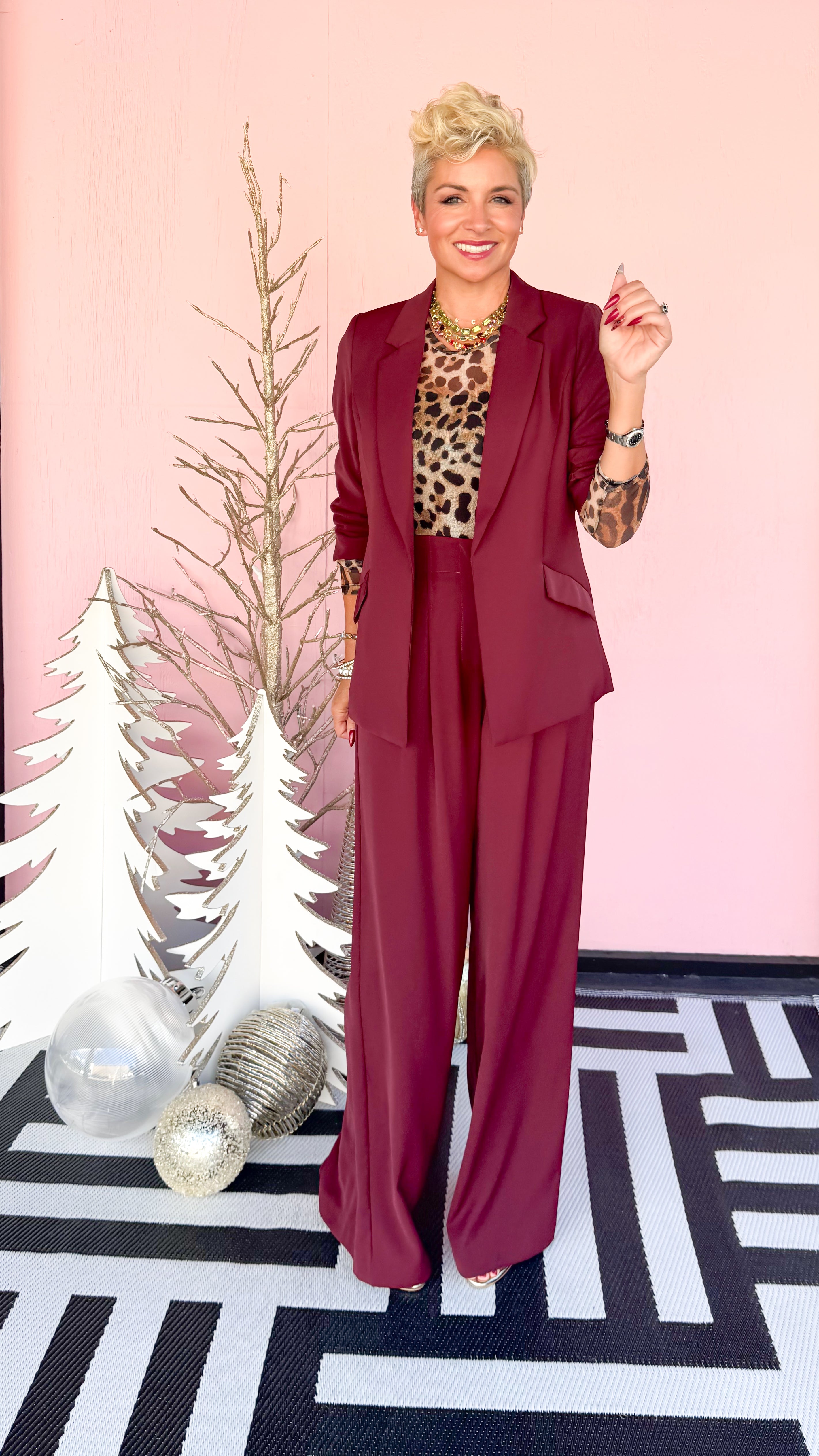 Wide Leg Pants With Pleats/Burgundy - The BLVD