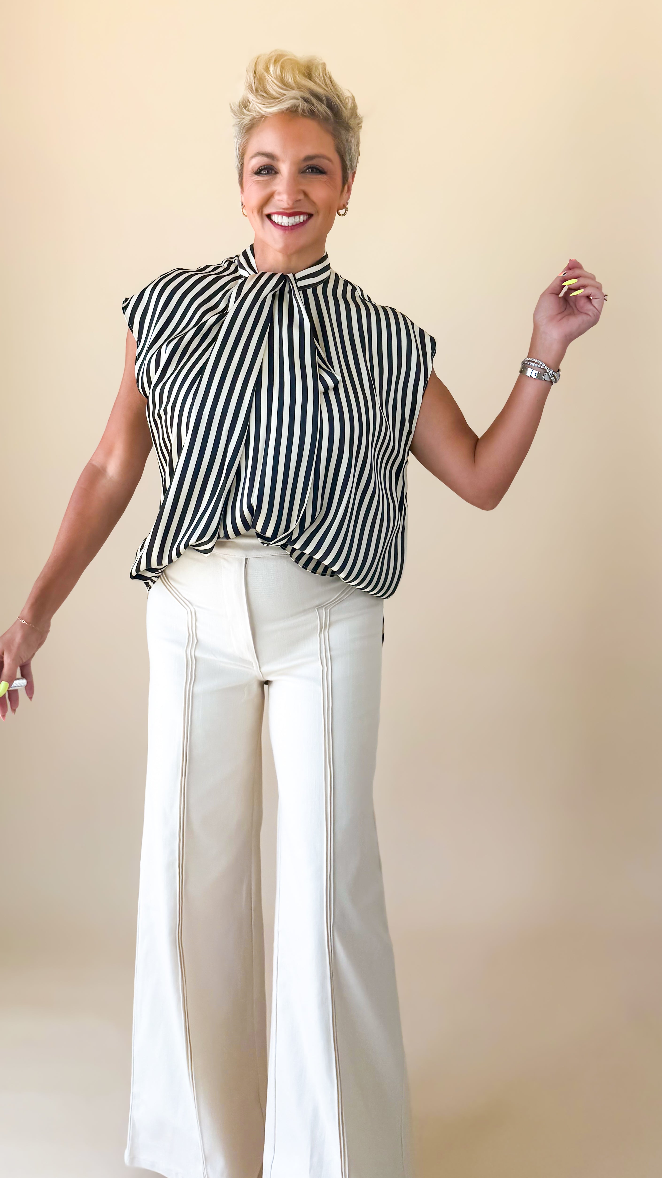 Satin Striped Tie Top/Black