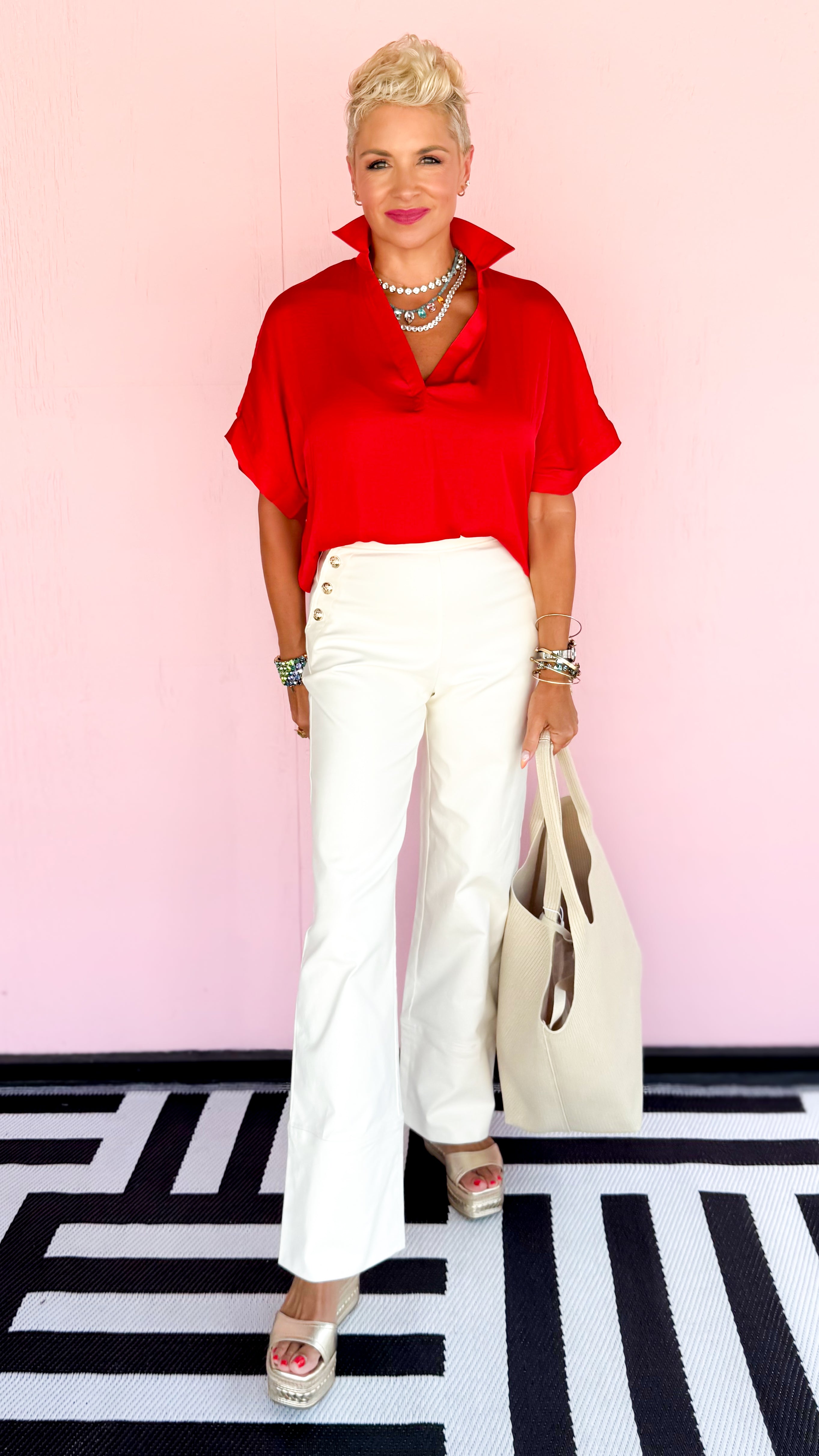 High low collar satin top in Red
