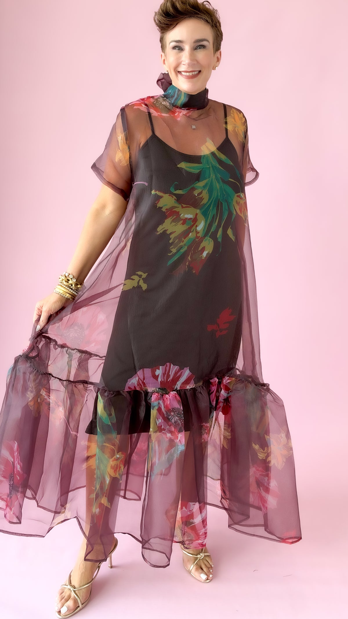 Sheer Floral Midi Dress/Wine