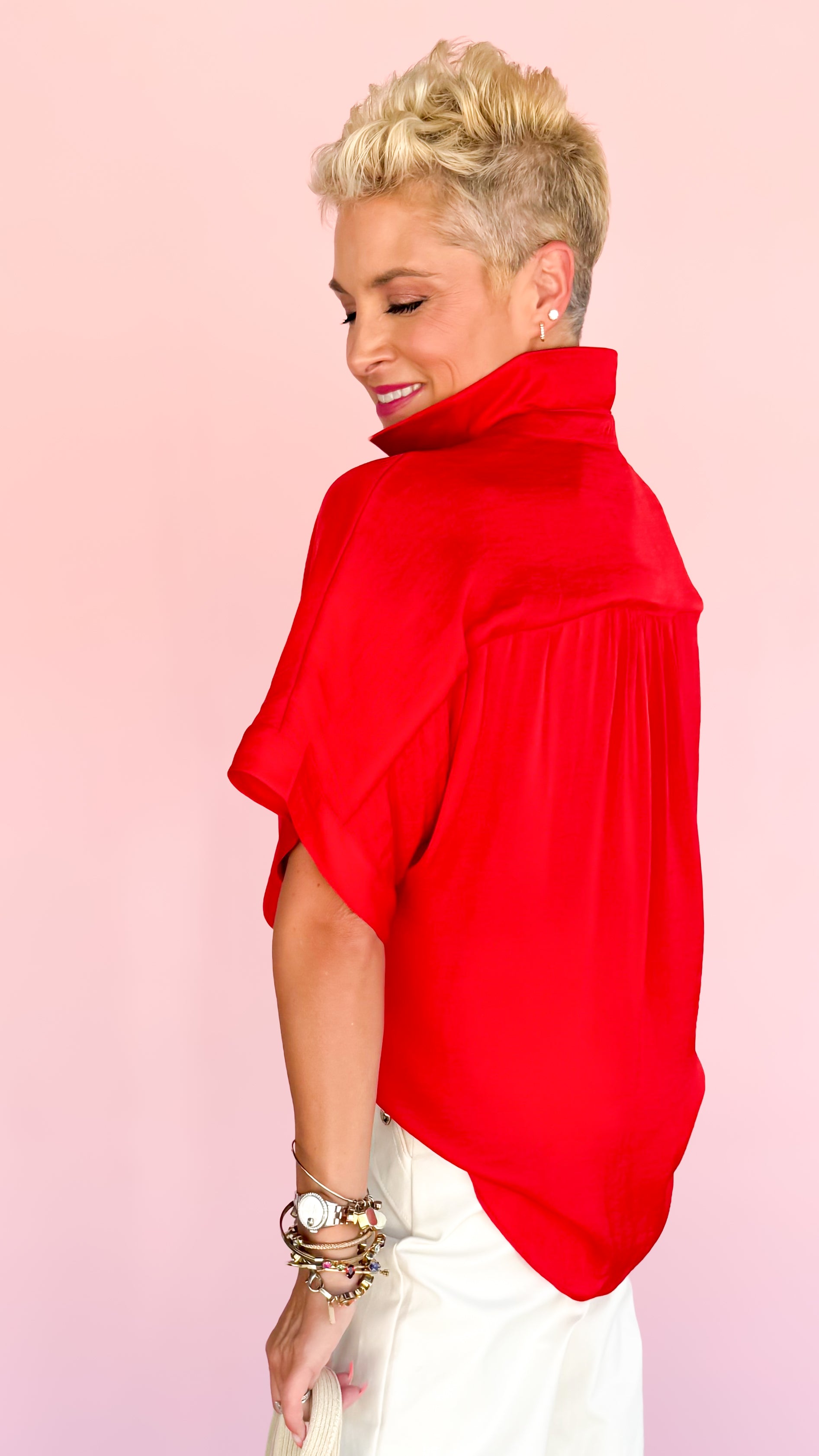 High low collar satin top in Red