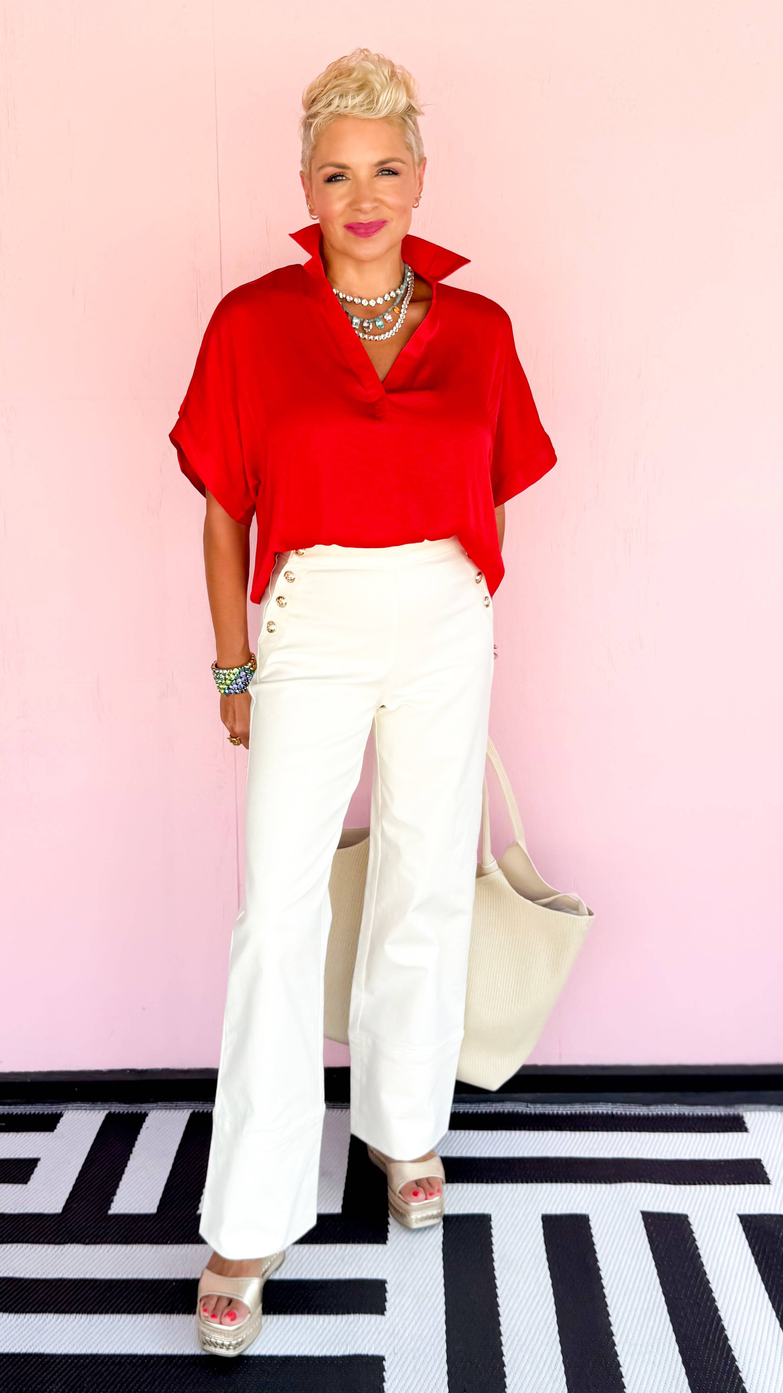High low collar satin top in Red - The BLVD
