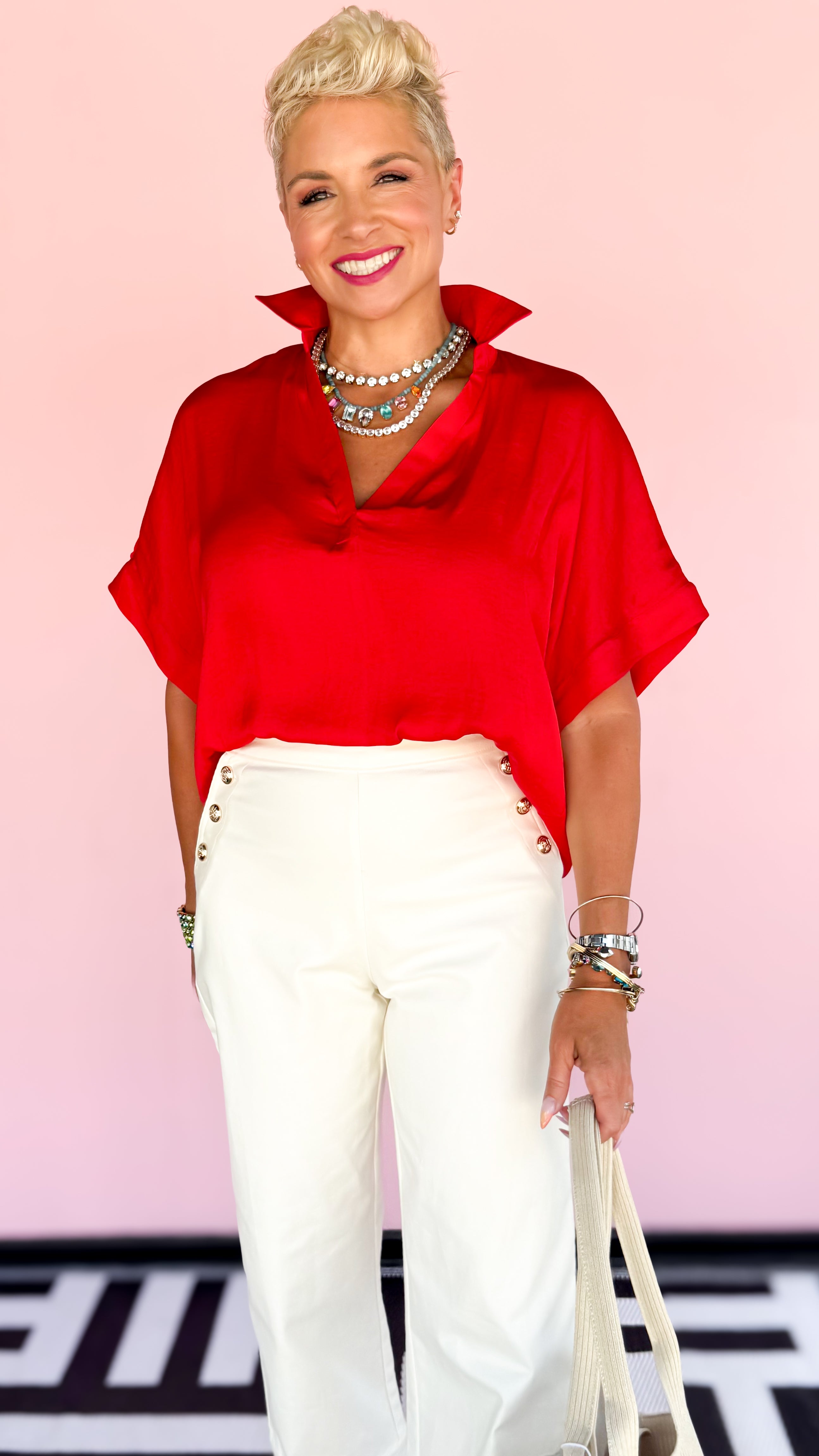 High low collar satin top in Red