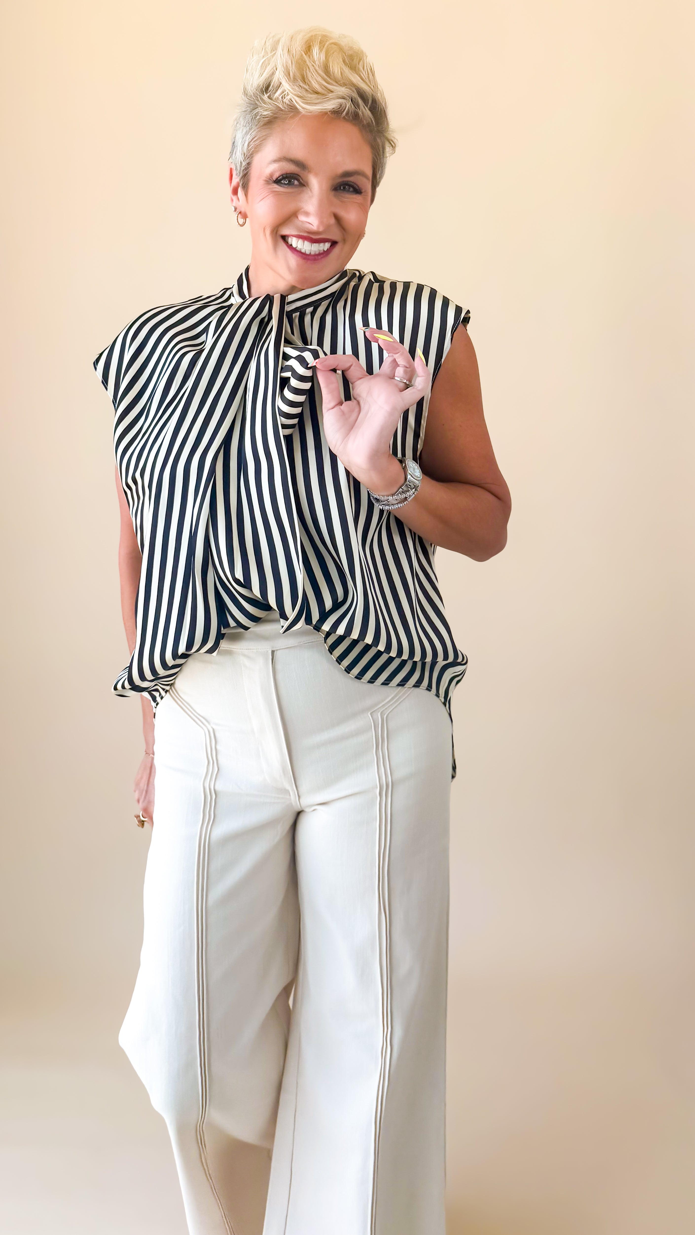 Satin Striped Tie Top/Black