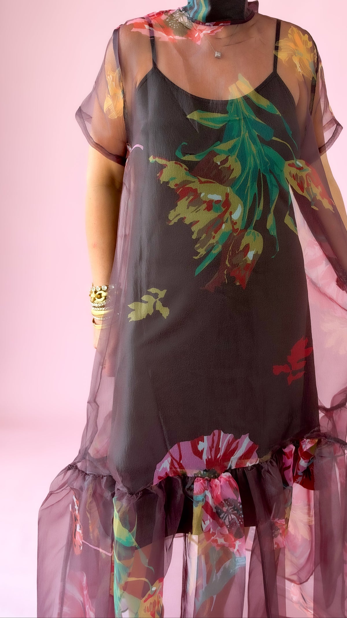 Sheer Floral Midi Dress/Wine