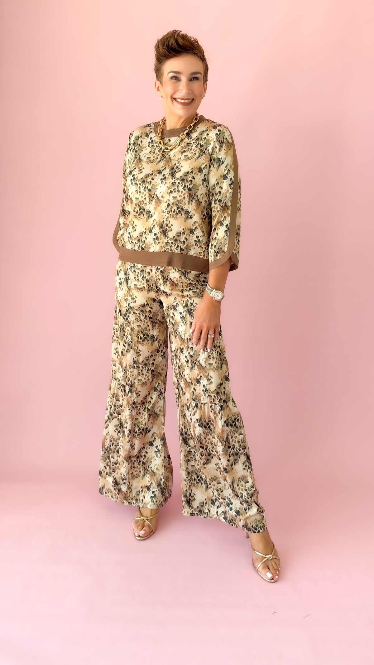 Satin Leopard Tulip Sleeve Top/Ecru