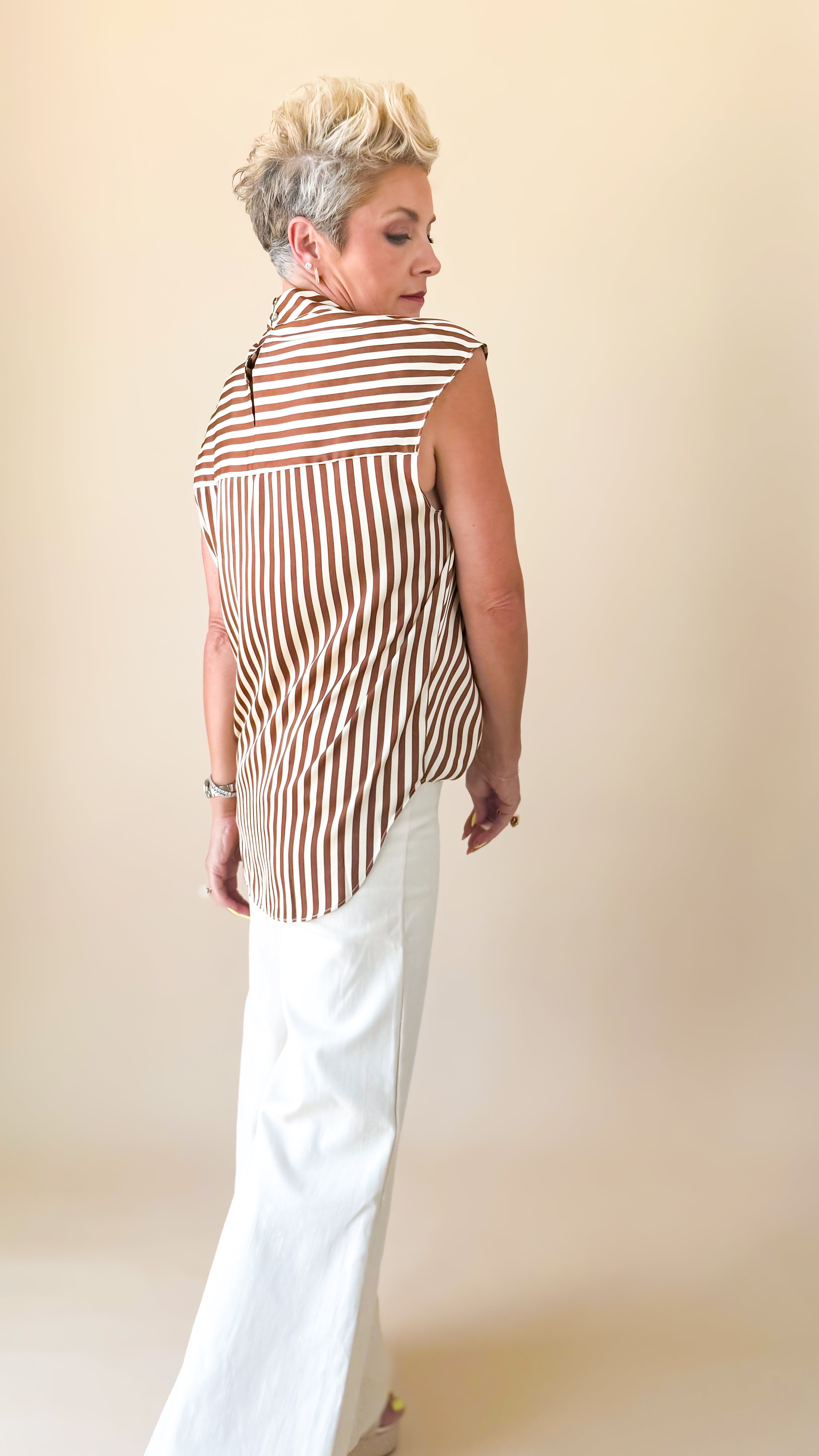 Satin Striped Tie Top/Mocha