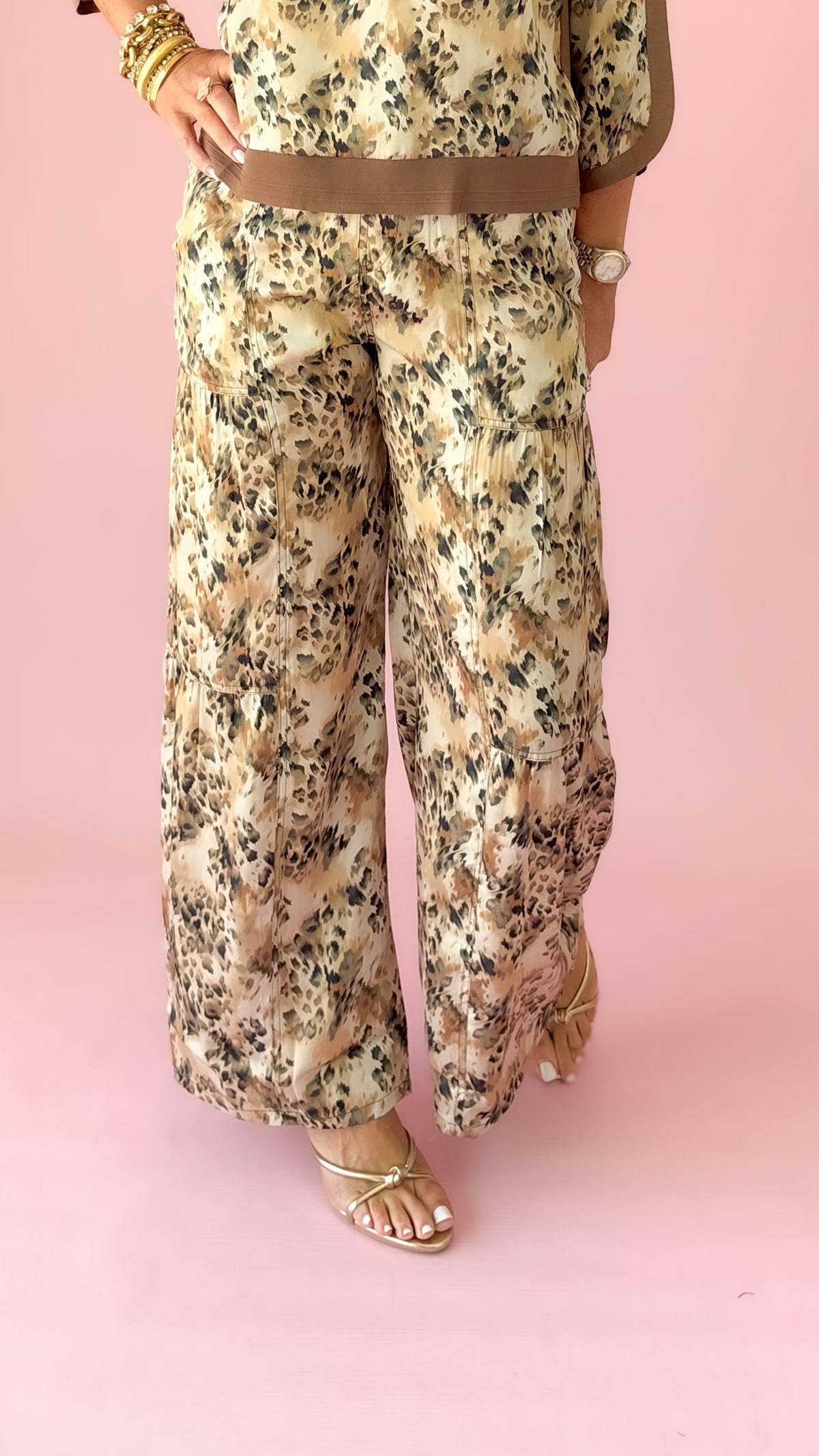 Satin Leopard Palazzo Pants/Ecru