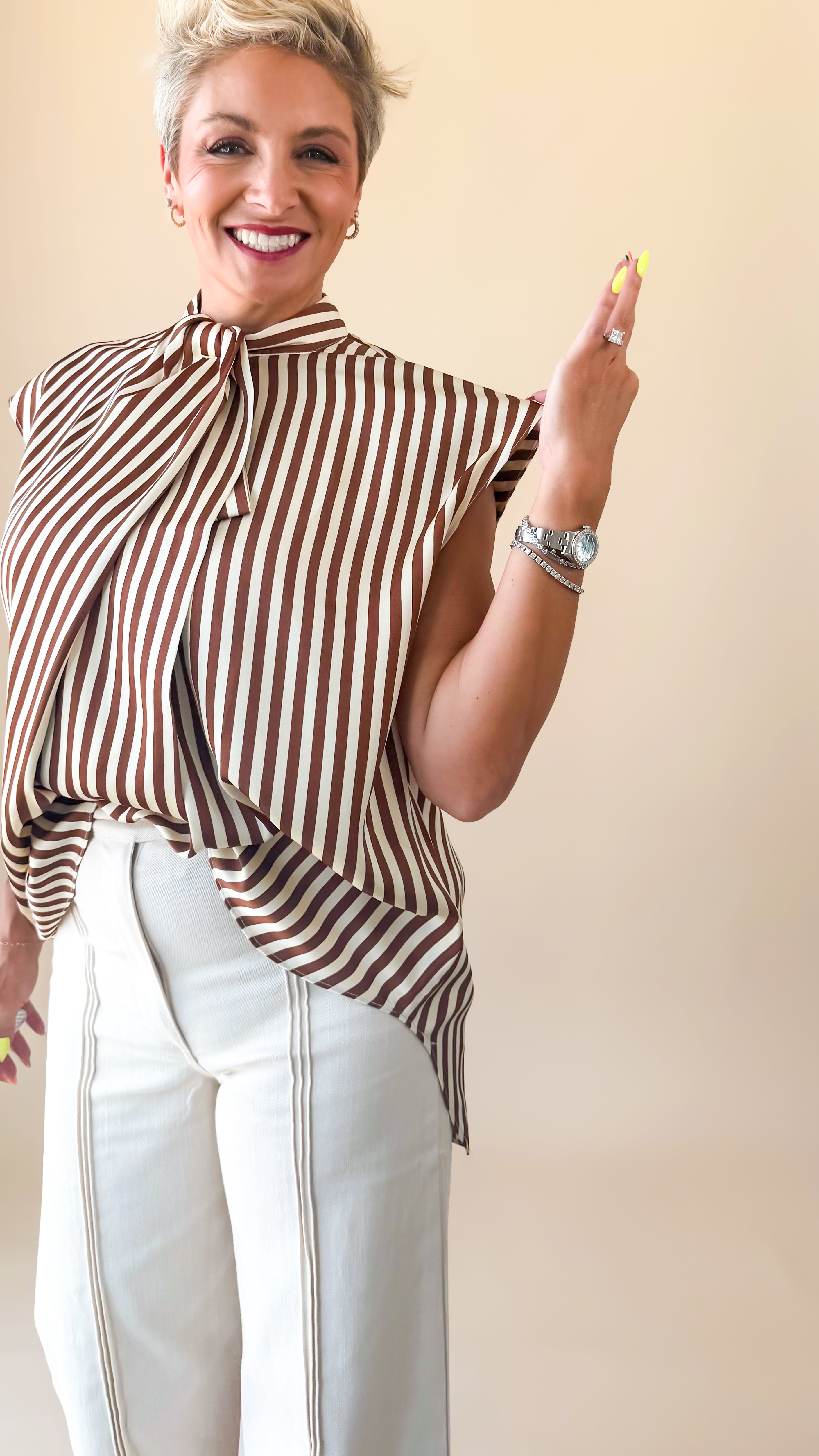 Satin Striped Tie Top/Mocha