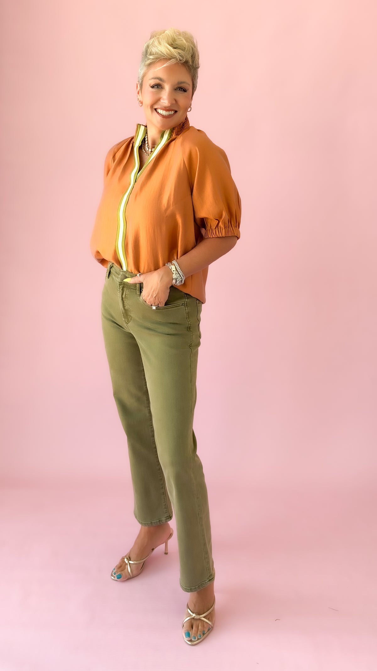 Textured Contrast Band Top/Pumpkin