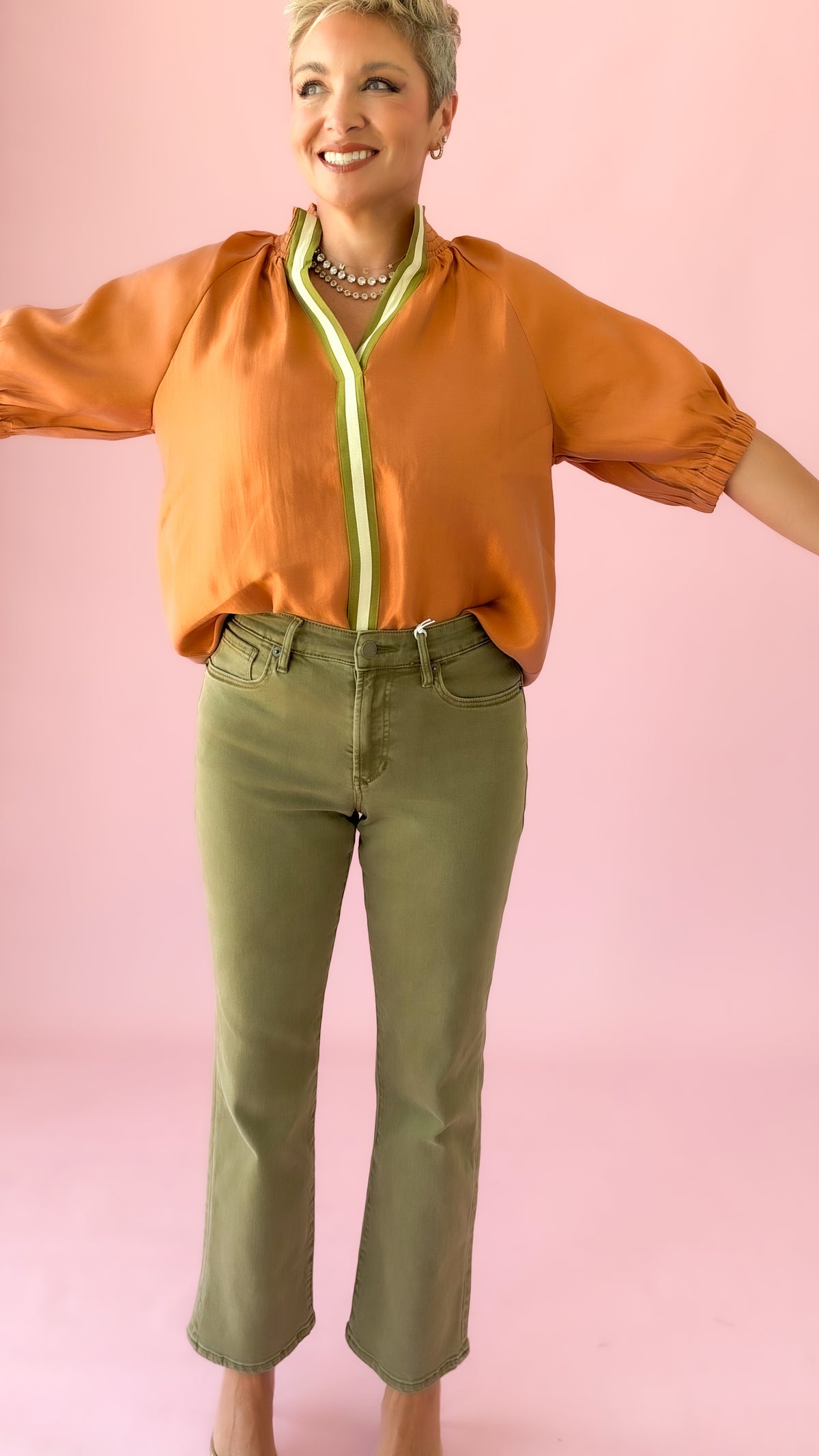 Textured Contrast Band Top/Pumpkin