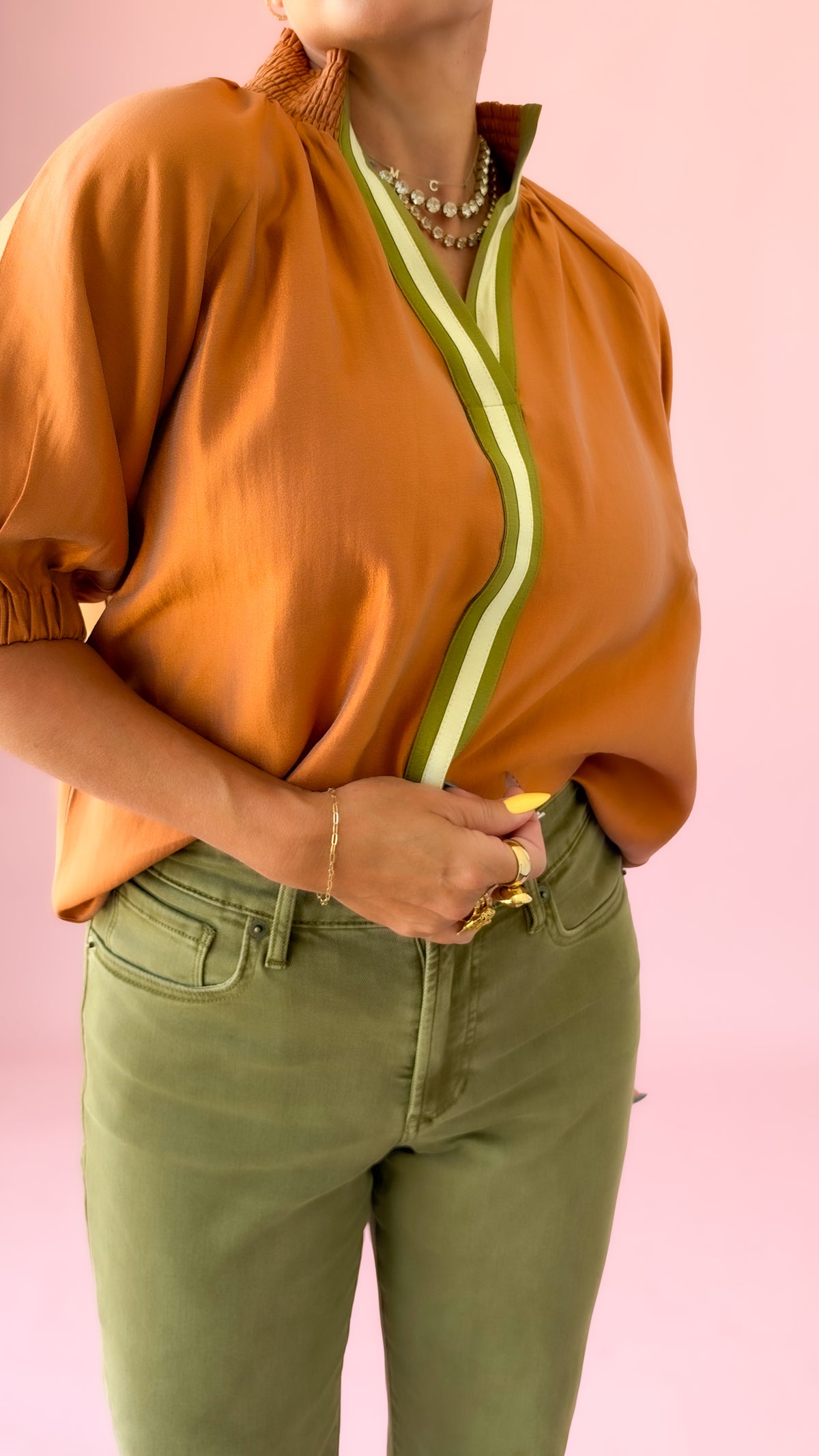 Textured Contrast Band Top/Pumpkin