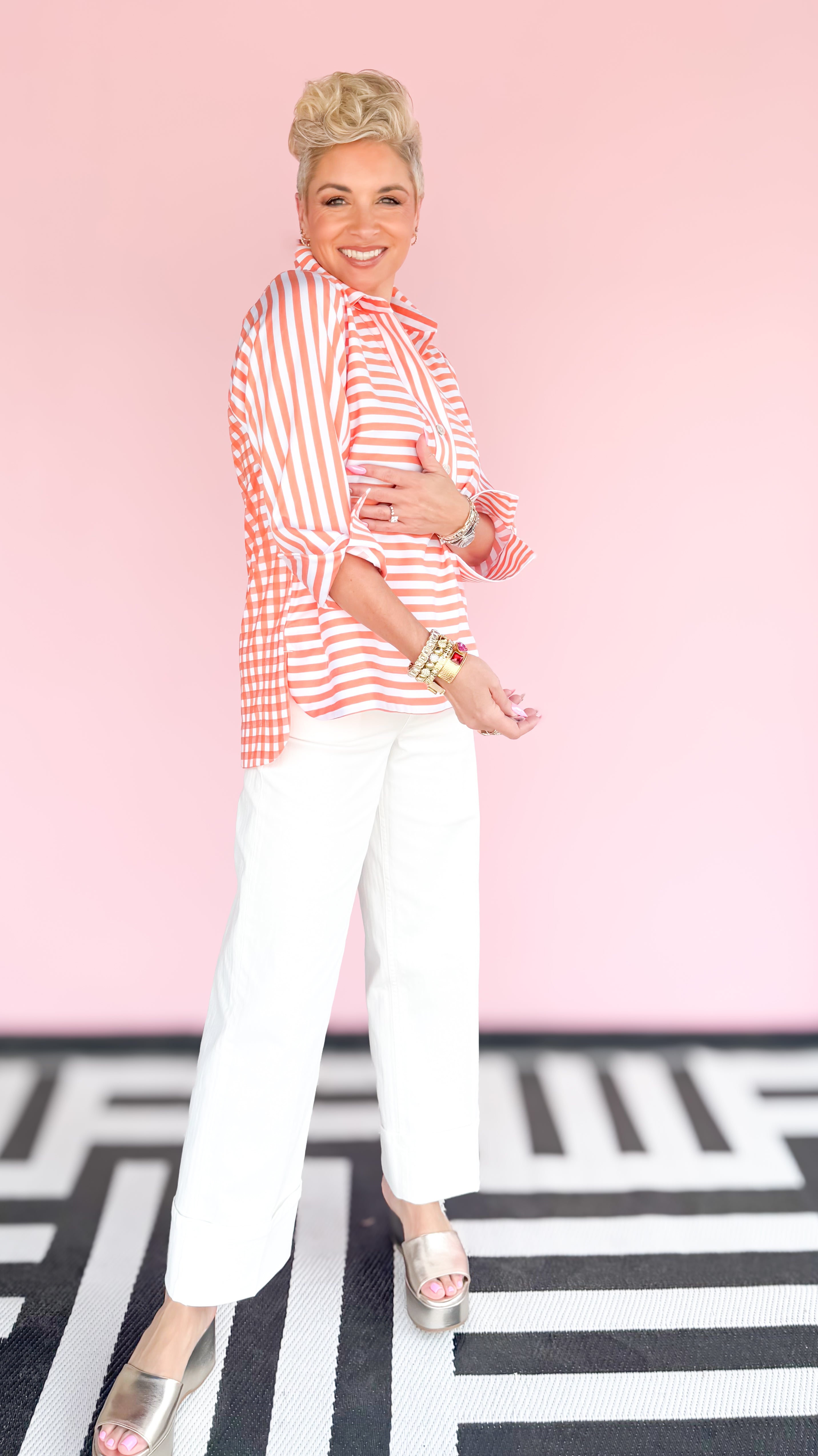 Half placket striped tunic in orange worn on model - detail view - BLVD Boutik