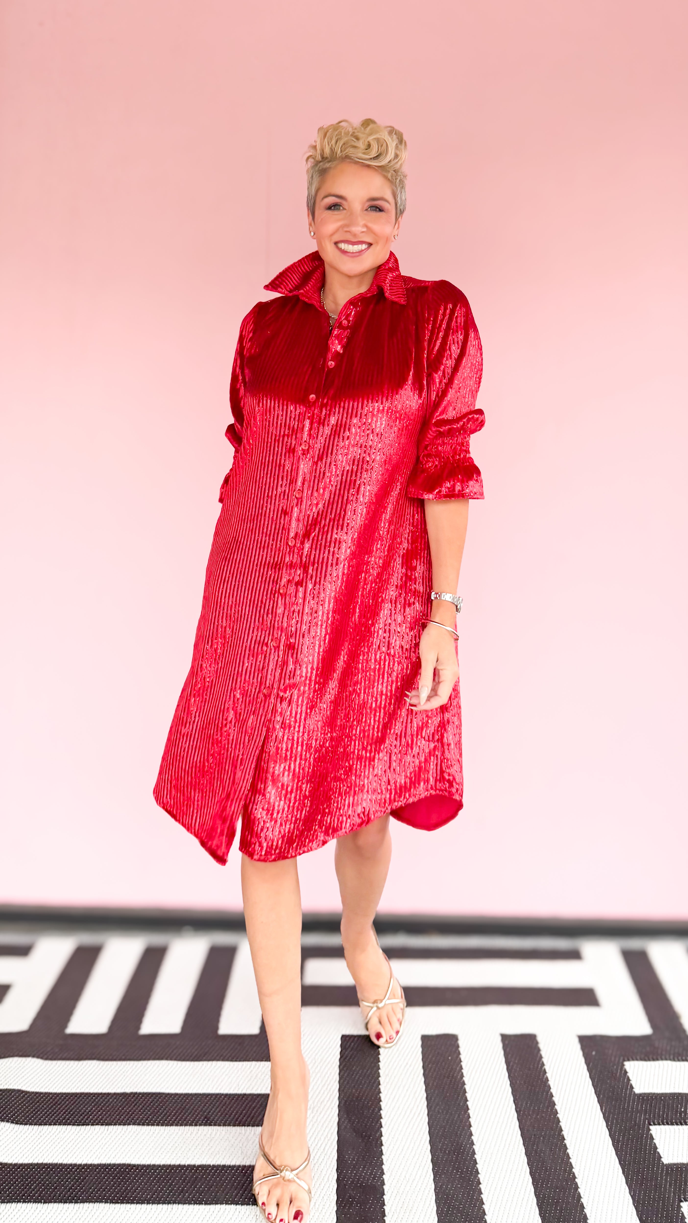 Velvet Striped Shirt Dress/Red