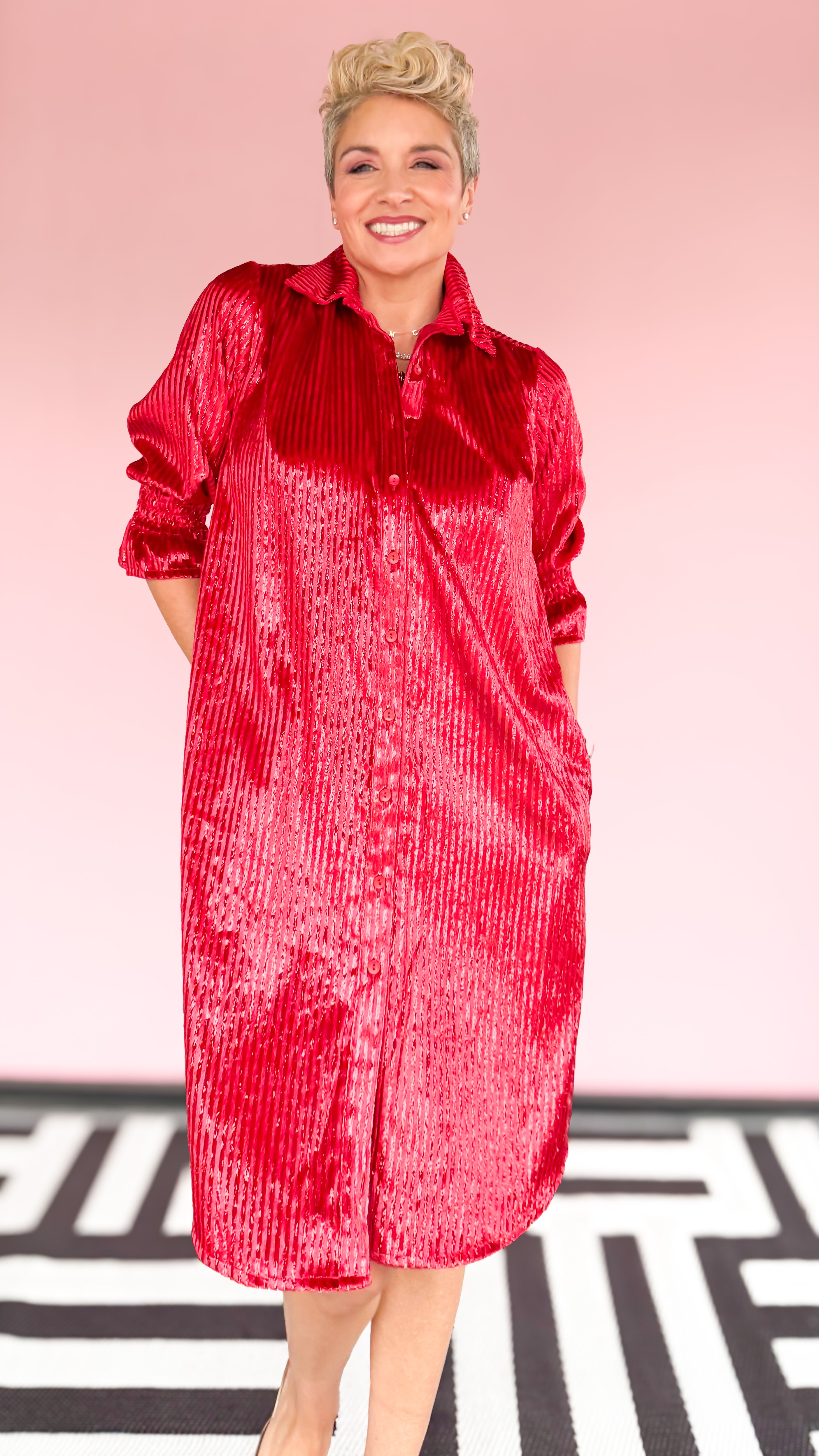 Velvet Striped Shirt Dress/Red