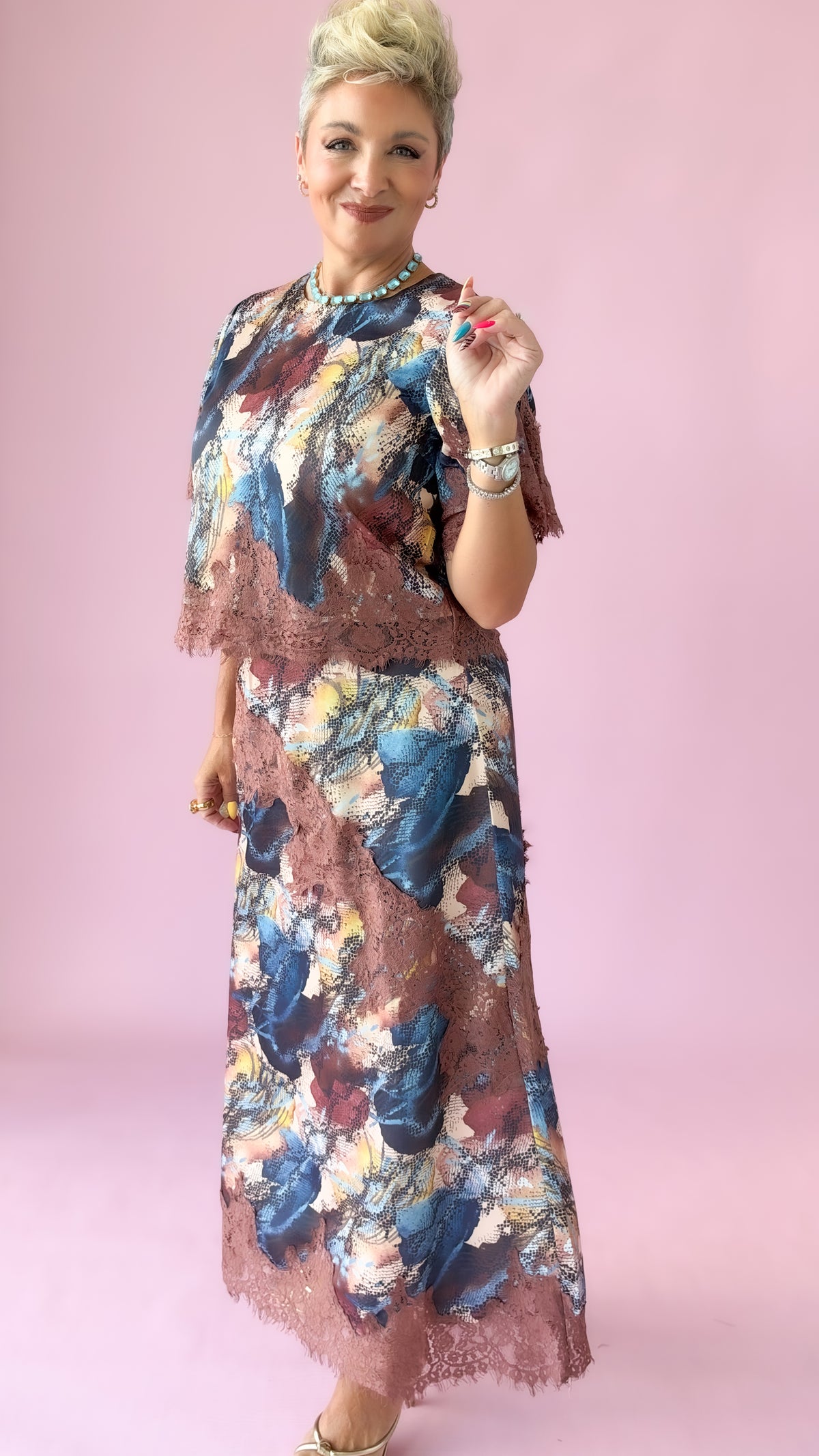 Multi Print Lace Trim Satin Skirt