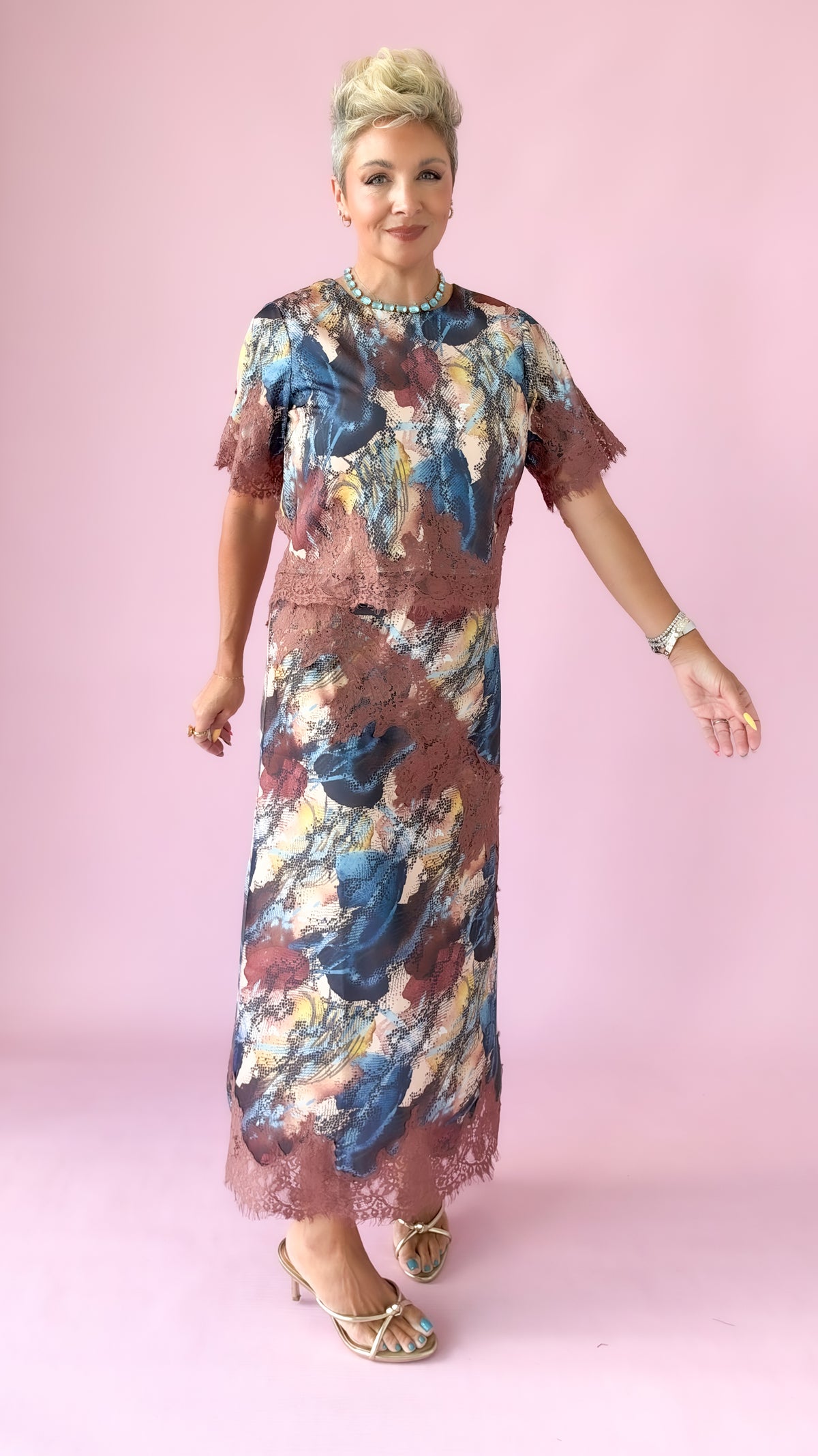 Multi Print Lace Trim Satin Skirt