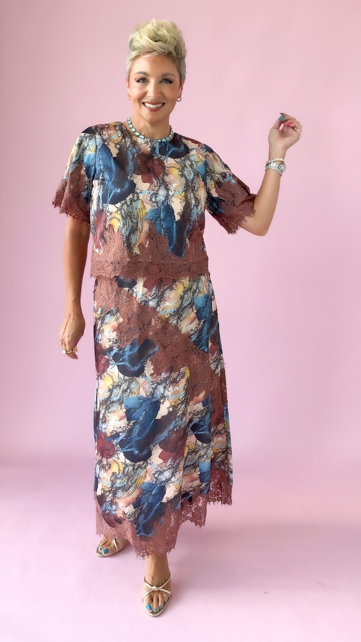 Multi Print Lace Trim Top