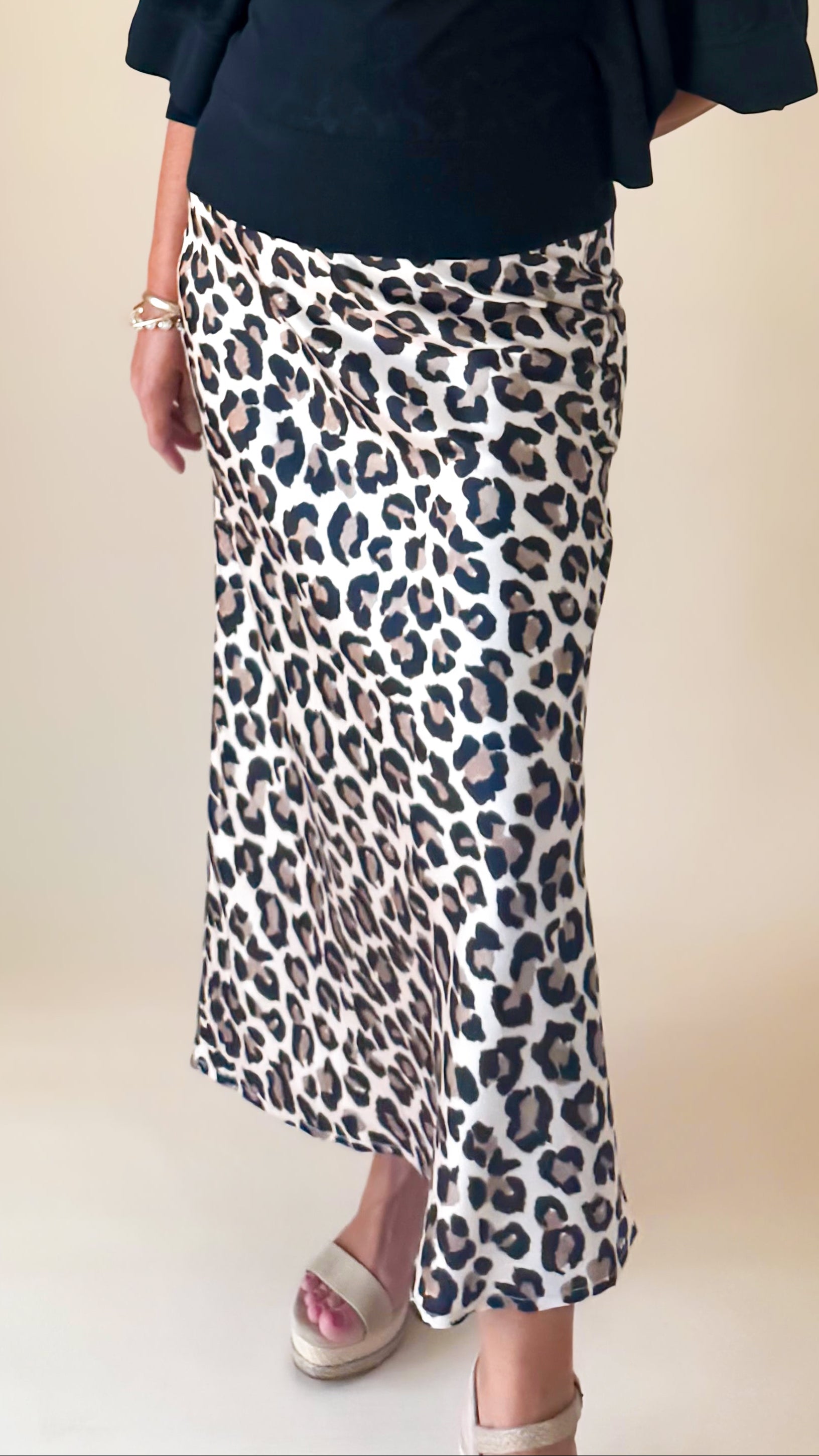 Satin Midi Skirt/Leopard