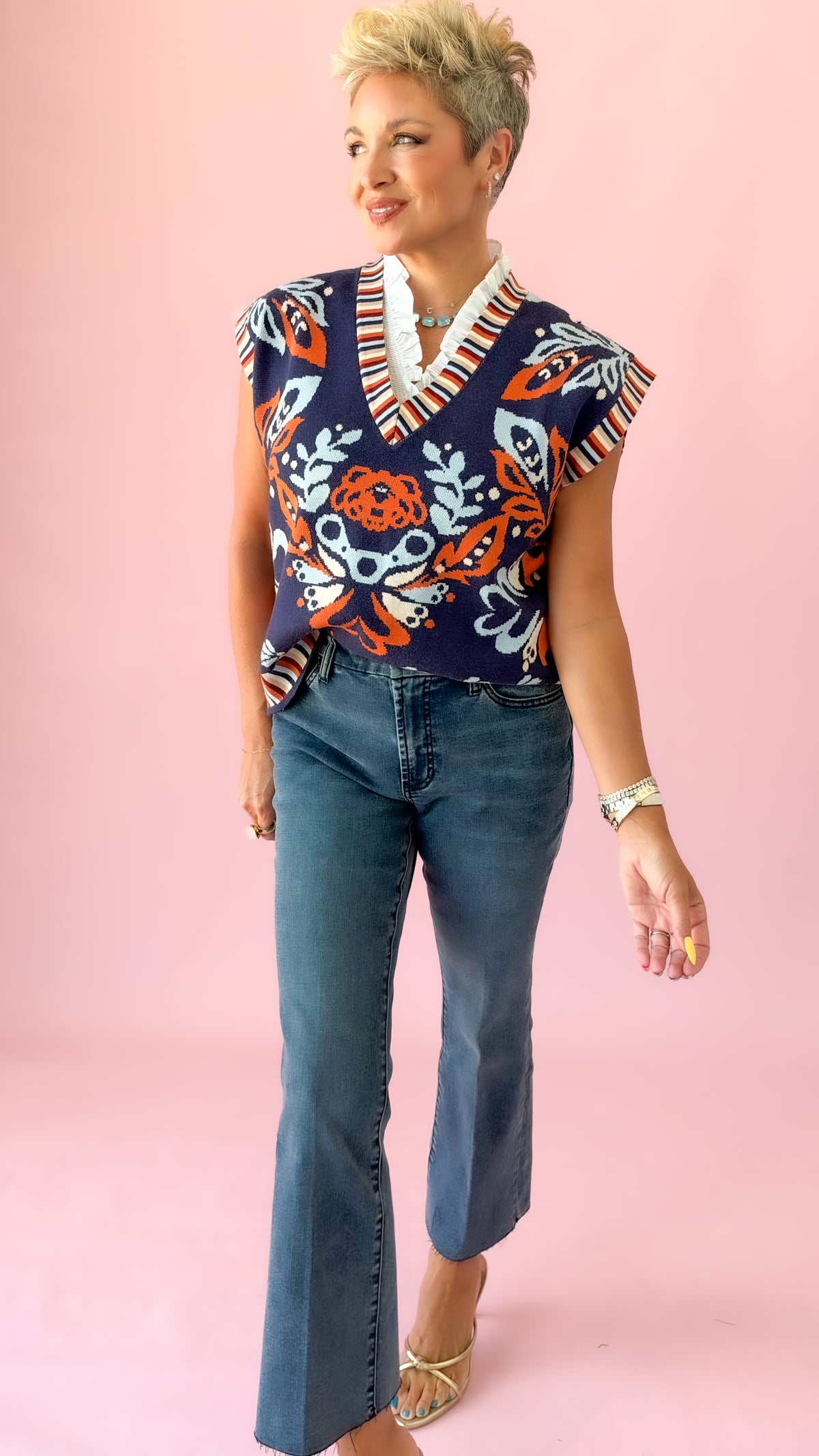 Flower Print Striped Vest/Blue