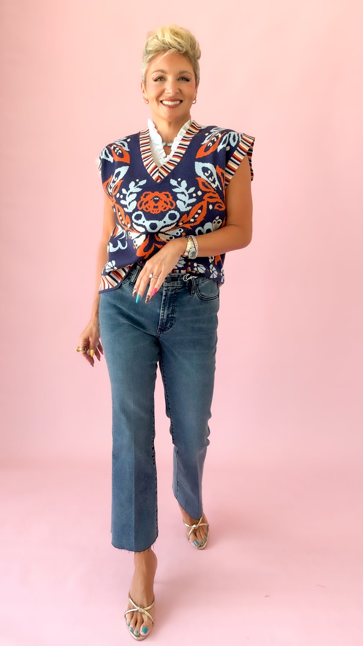 Flower Print Striped Vest/Blue