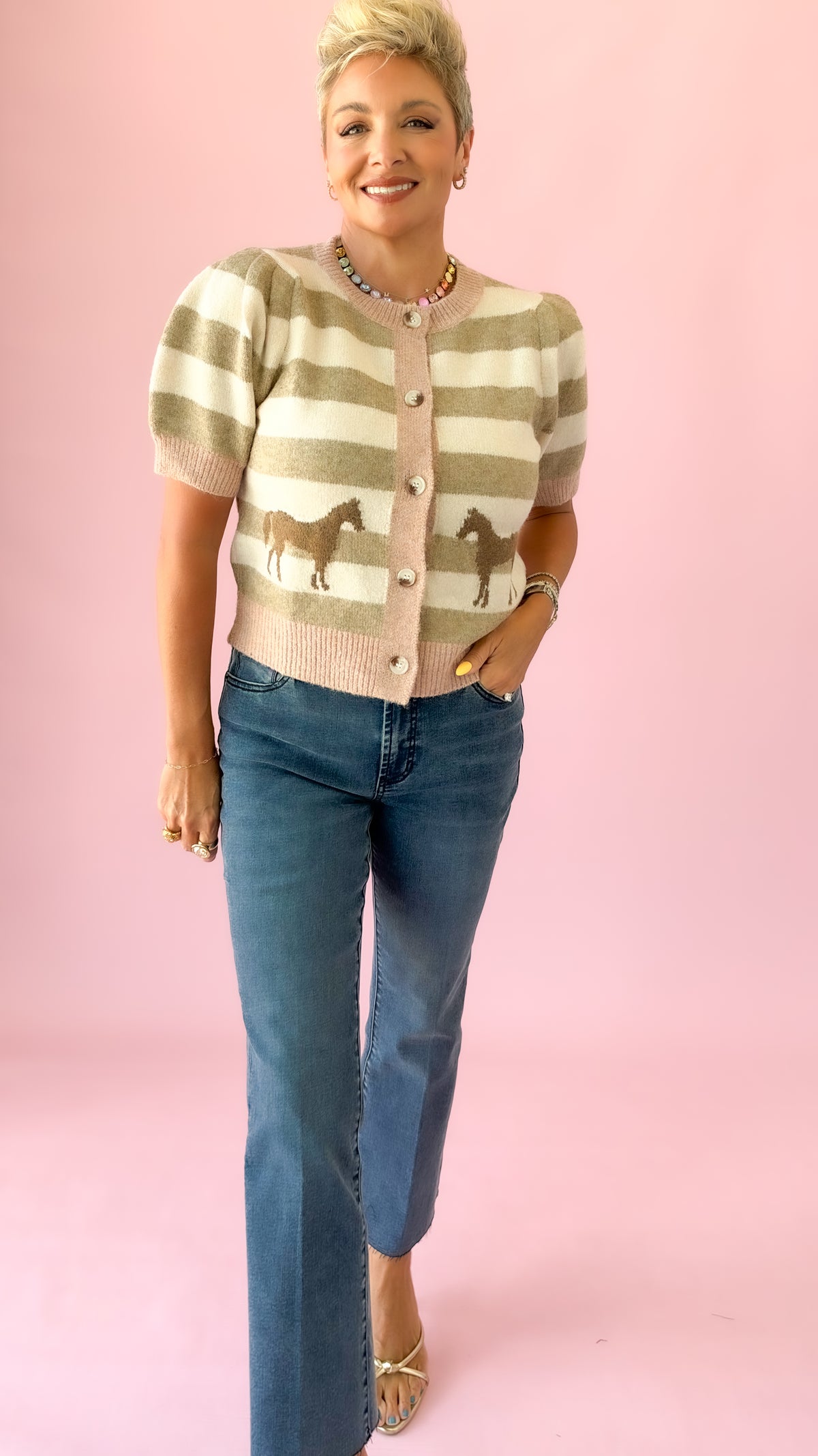 Striped Horse Cardigan/Blush