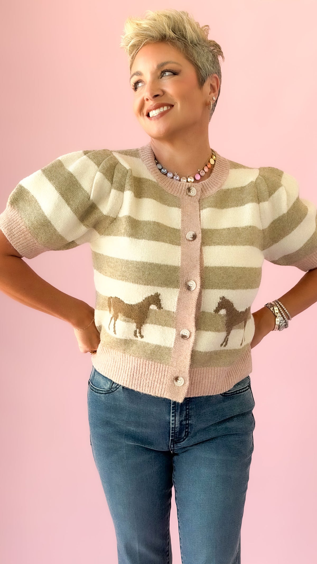 Striped Horse Cardigan/Blush