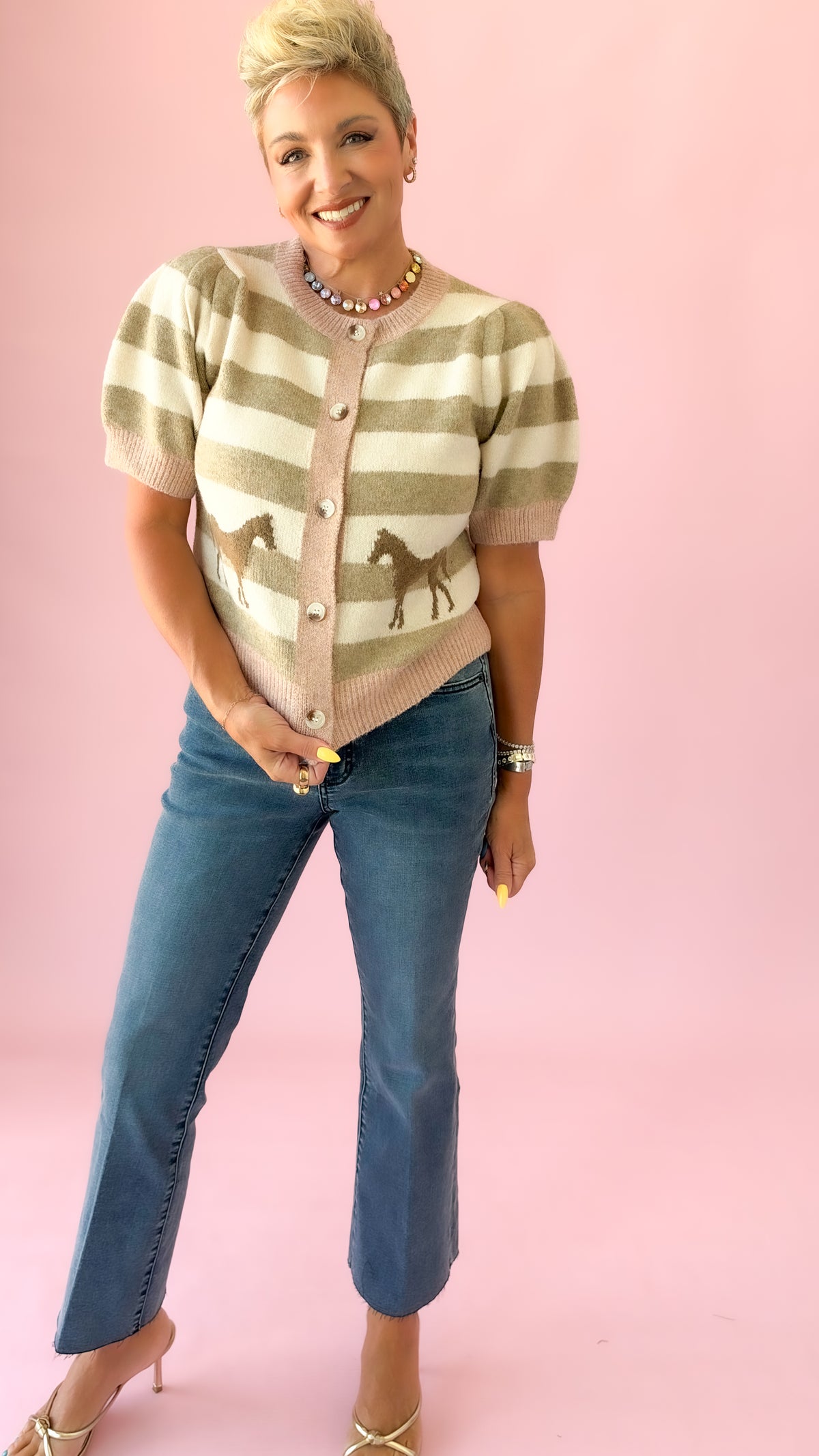 Striped Horse Cardigan/Blush