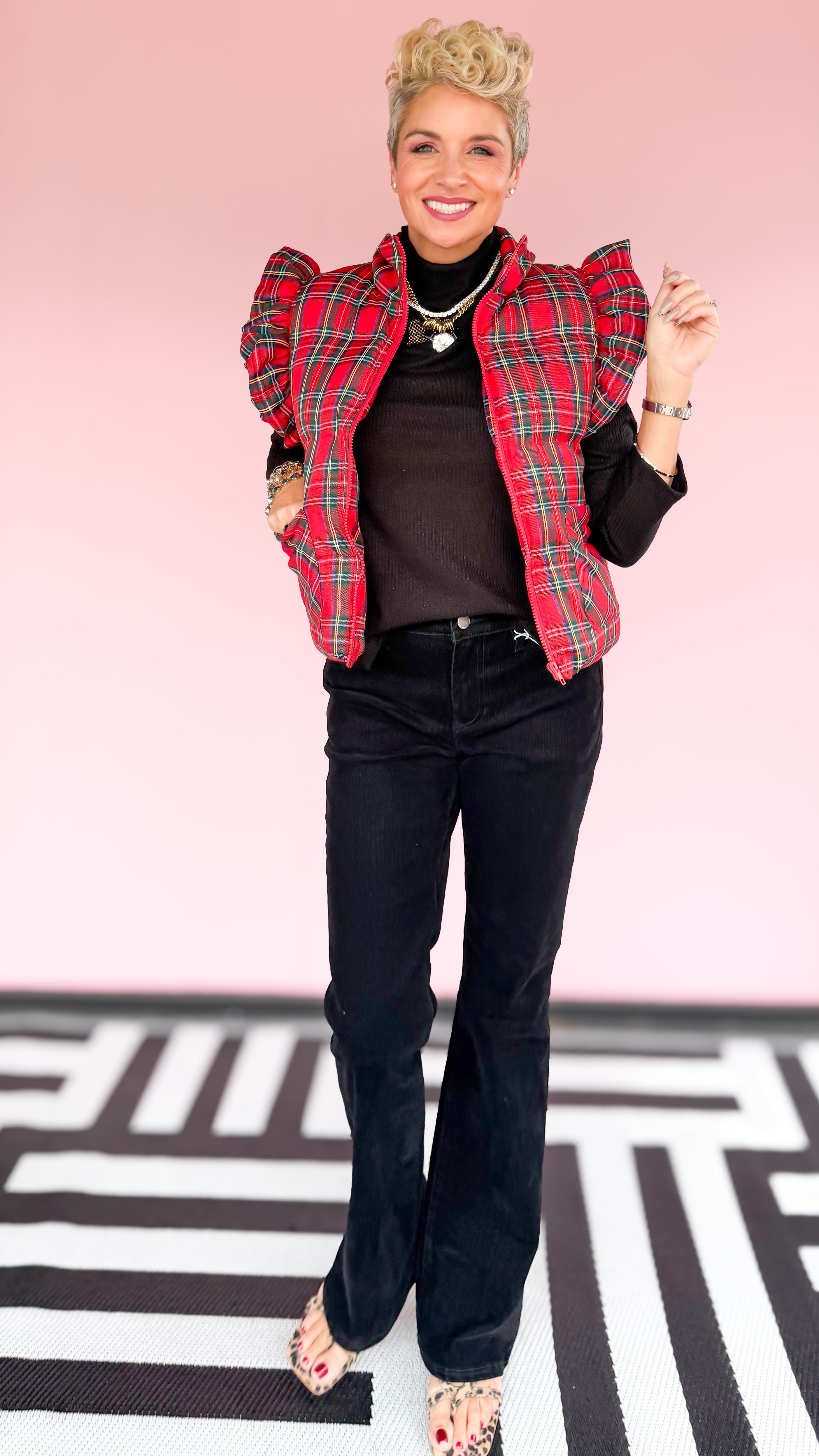Tartan Plaid Puffer Vest w/Ruffles