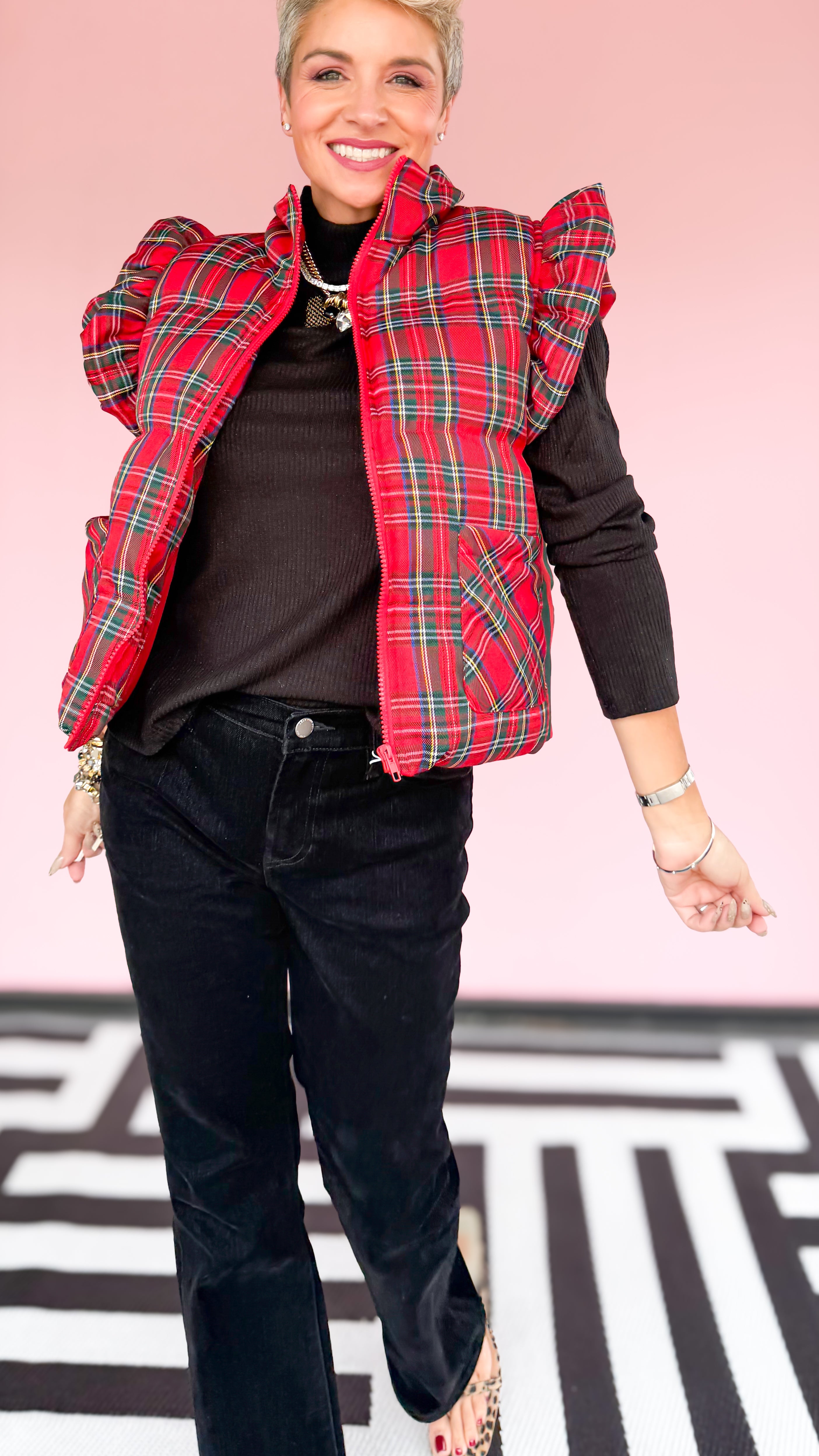 Tartan Plaid Puffer Vest w/Ruffles