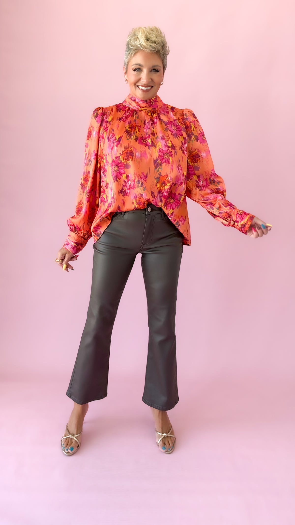Orange Floral Tie Neck Top
