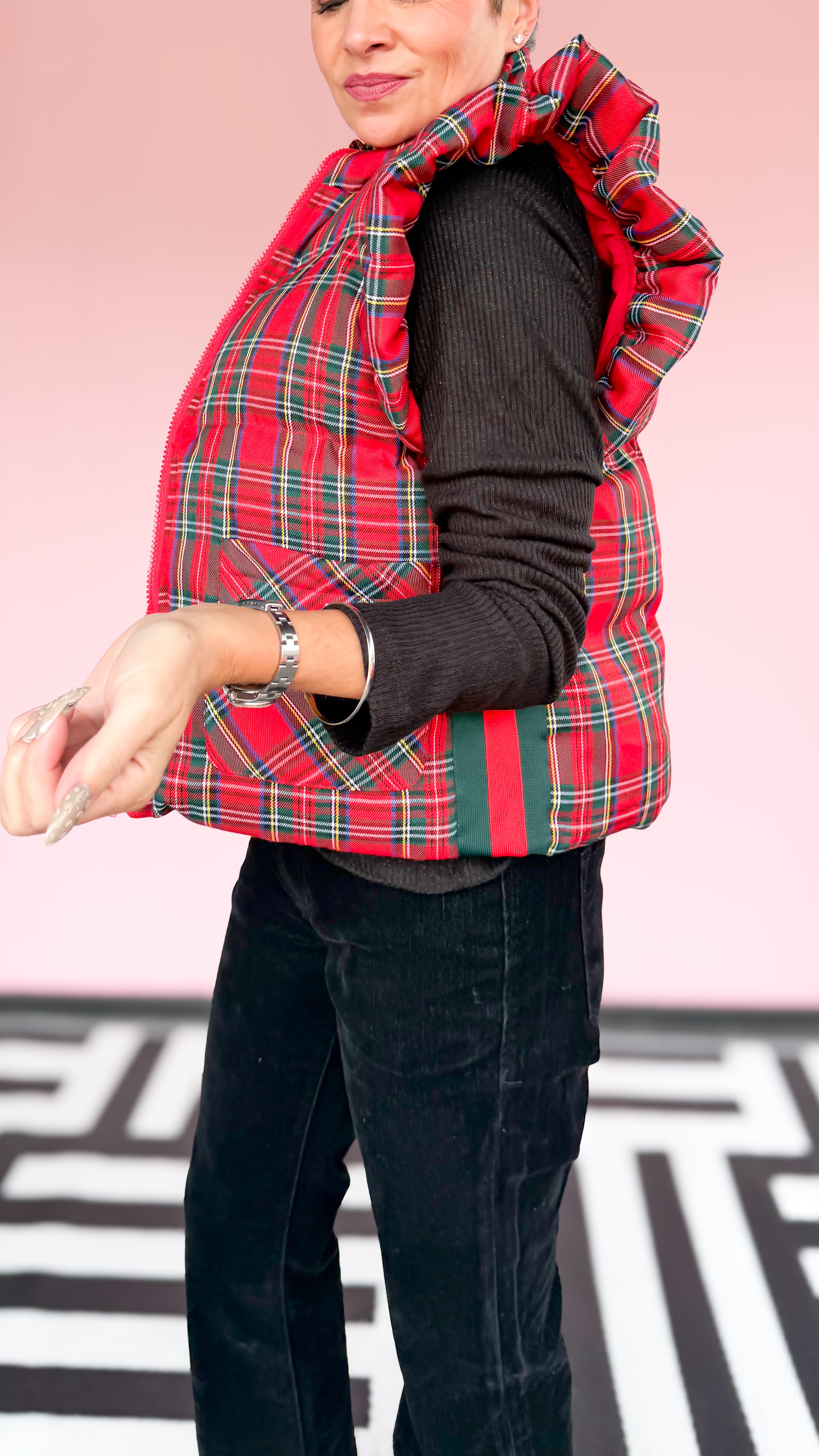 Tartan Plaid Puffer Vest w/Ruffles