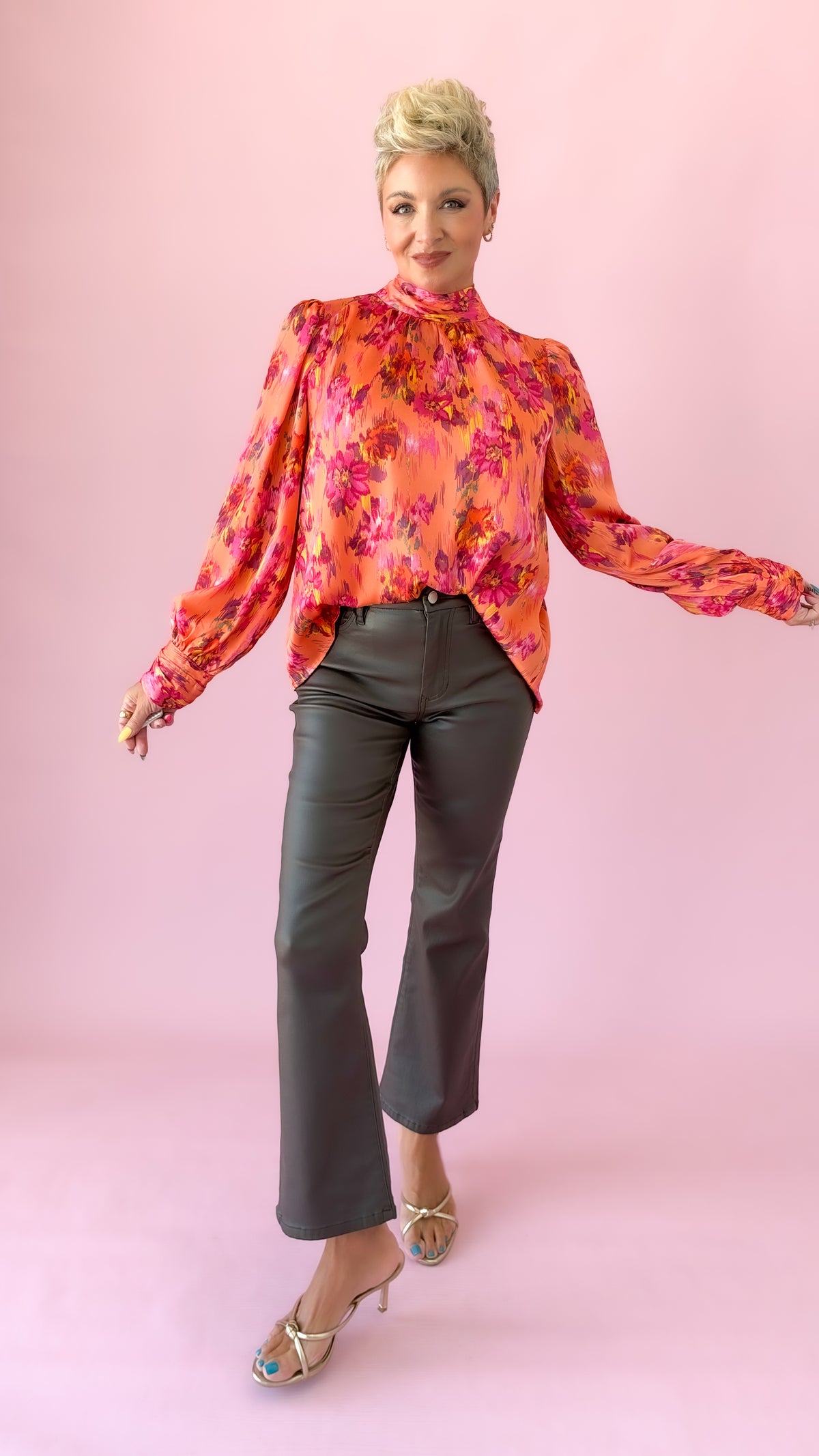 Orange Floral Tie Neck Top