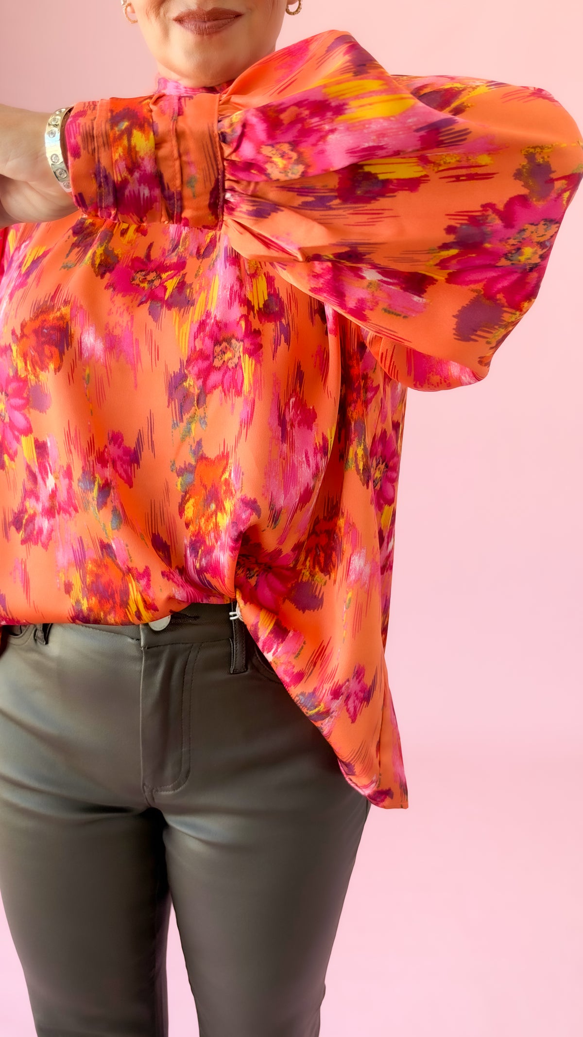 Orange Floral Tie Neck Top