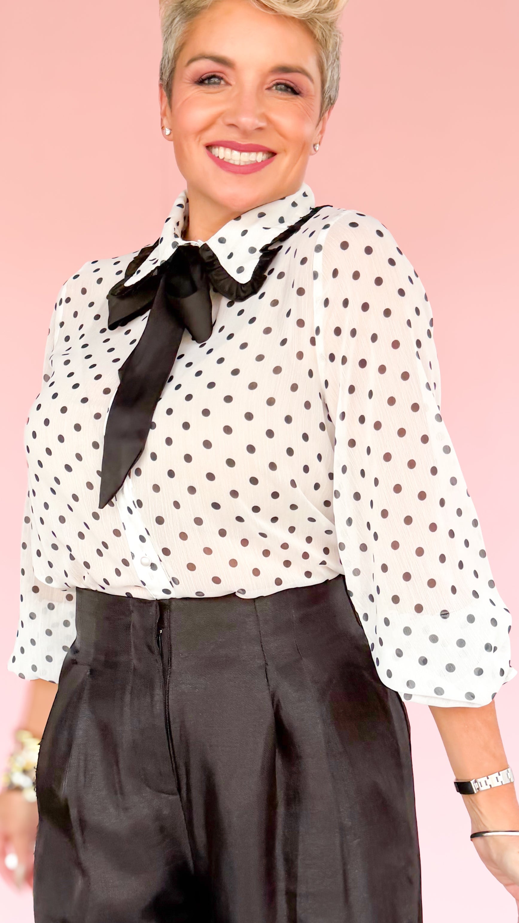 Polka Dot Chiffon Blouse w/Bow/Ivory