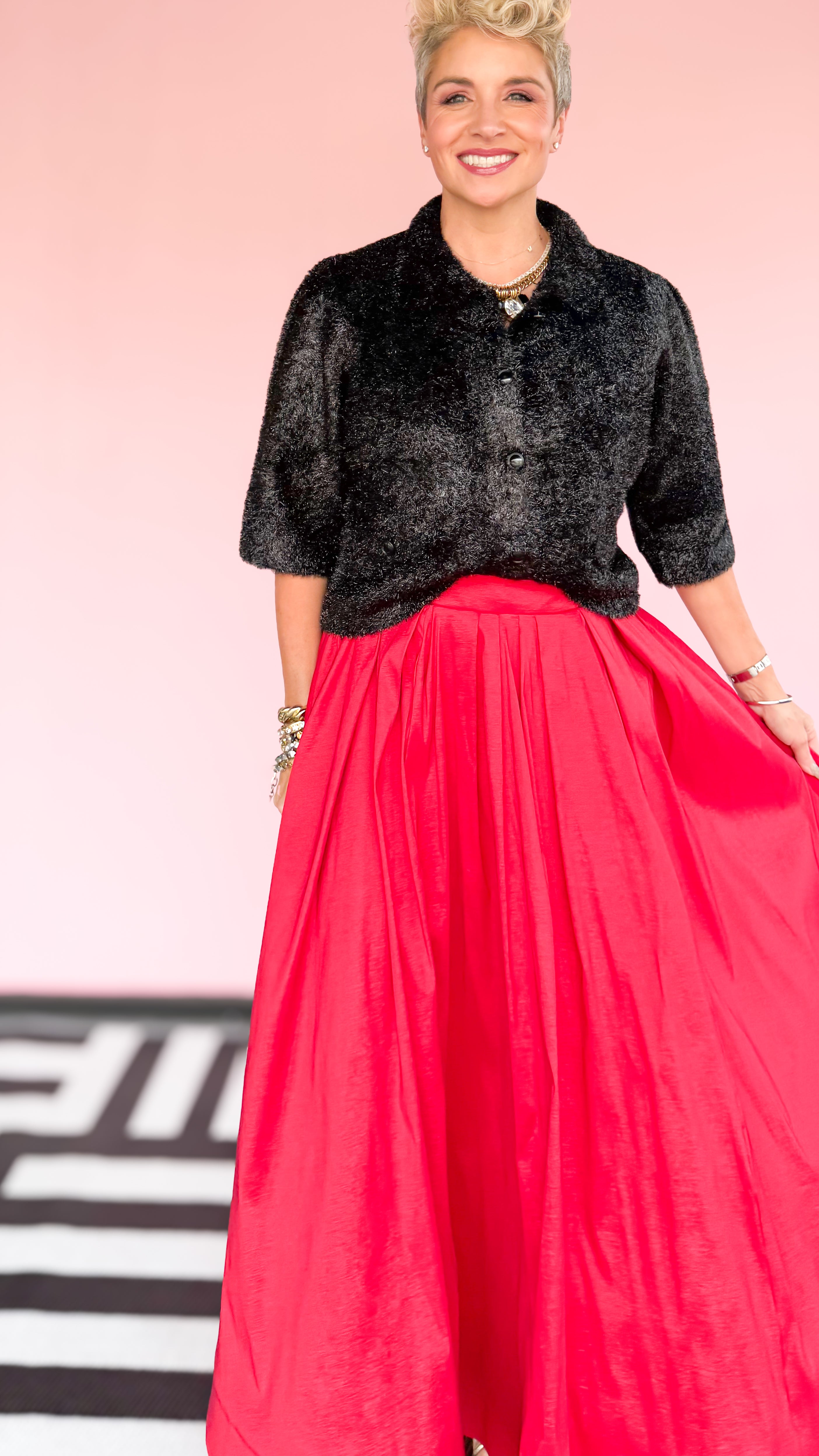 Tulle Hem Lined Maxi Skirt/Red