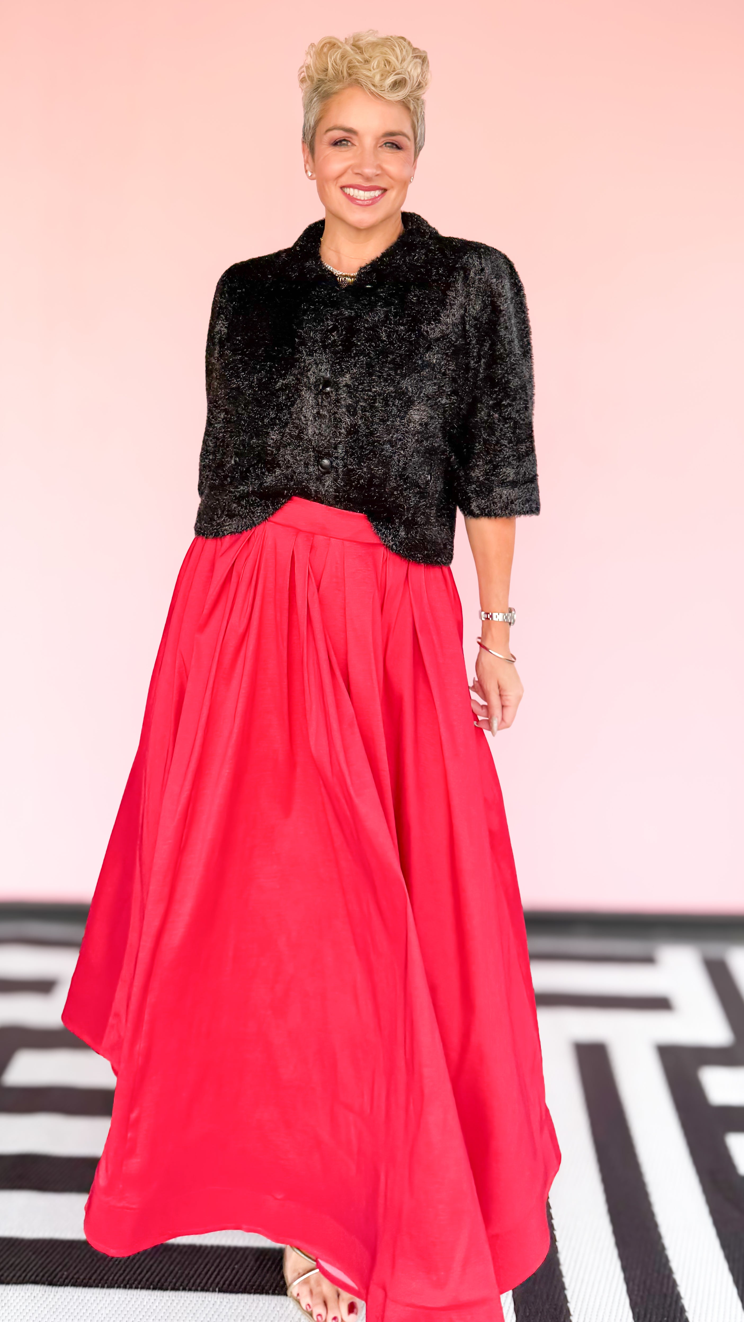 Tulle Hem Lined Maxi Skirt/Red