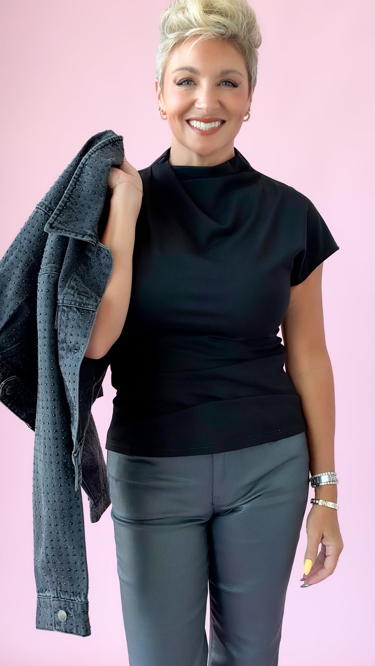 Mock Neck Cap Sleeve Top/Black