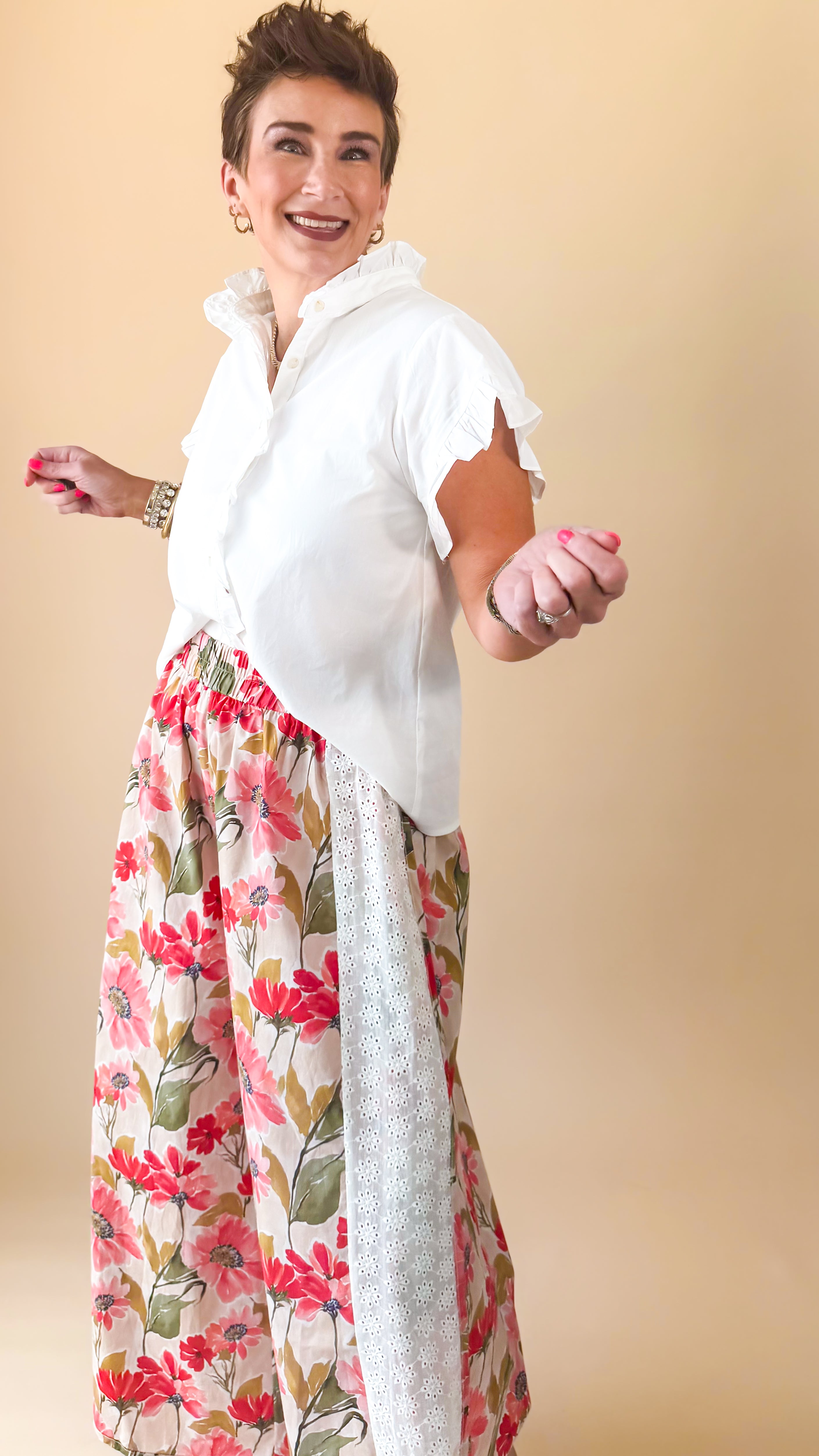Eyelet Trim Floral Wide Leg Pants