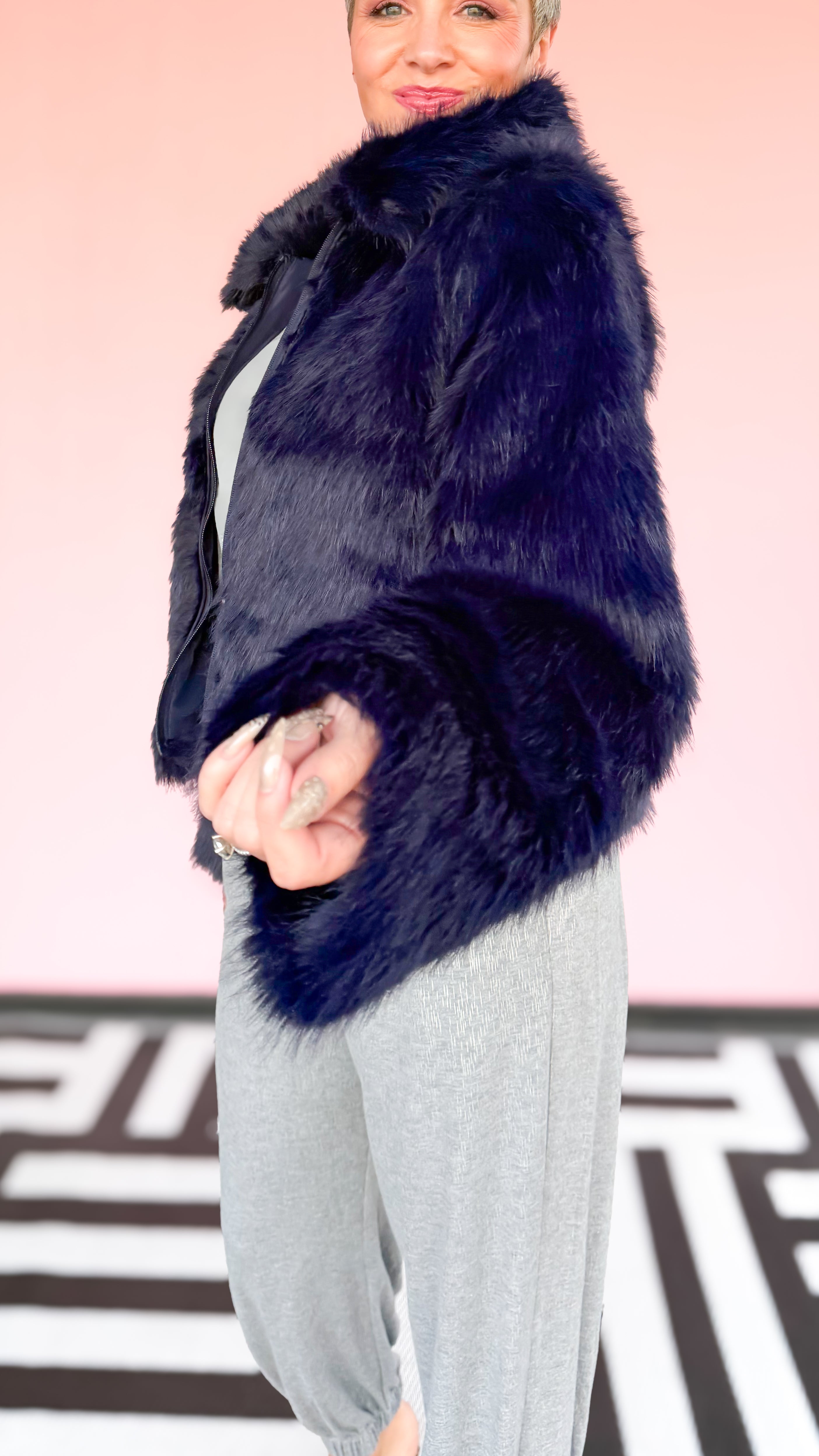 Zip Faux Fur Coat/Navy