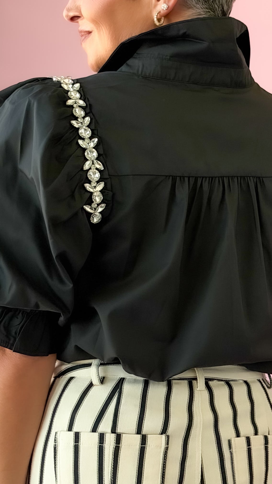 Rhinestone Puff Sleeve Top/Black