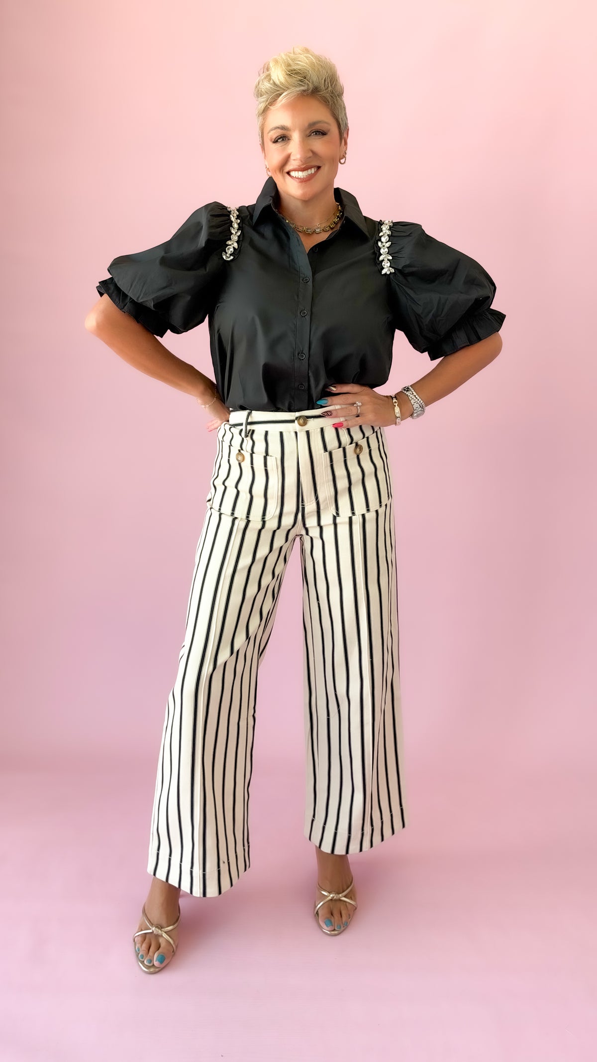 Rhinestone Puff Sleeve Top/Black