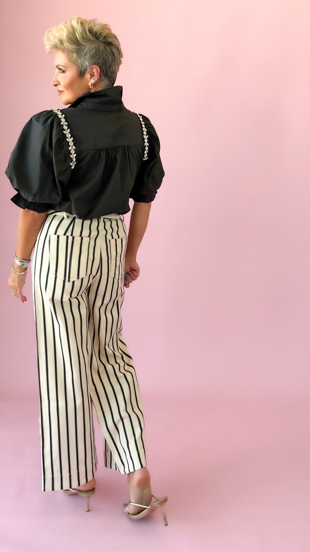 Striped Button Detail Pants/Cream