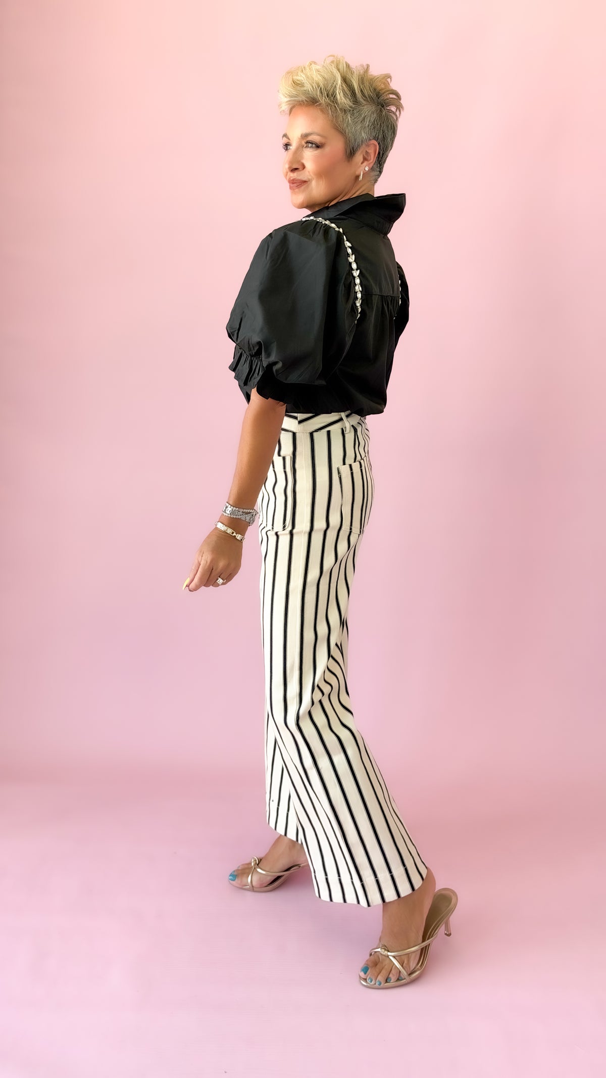 Striped Button Detail Pants/Cream