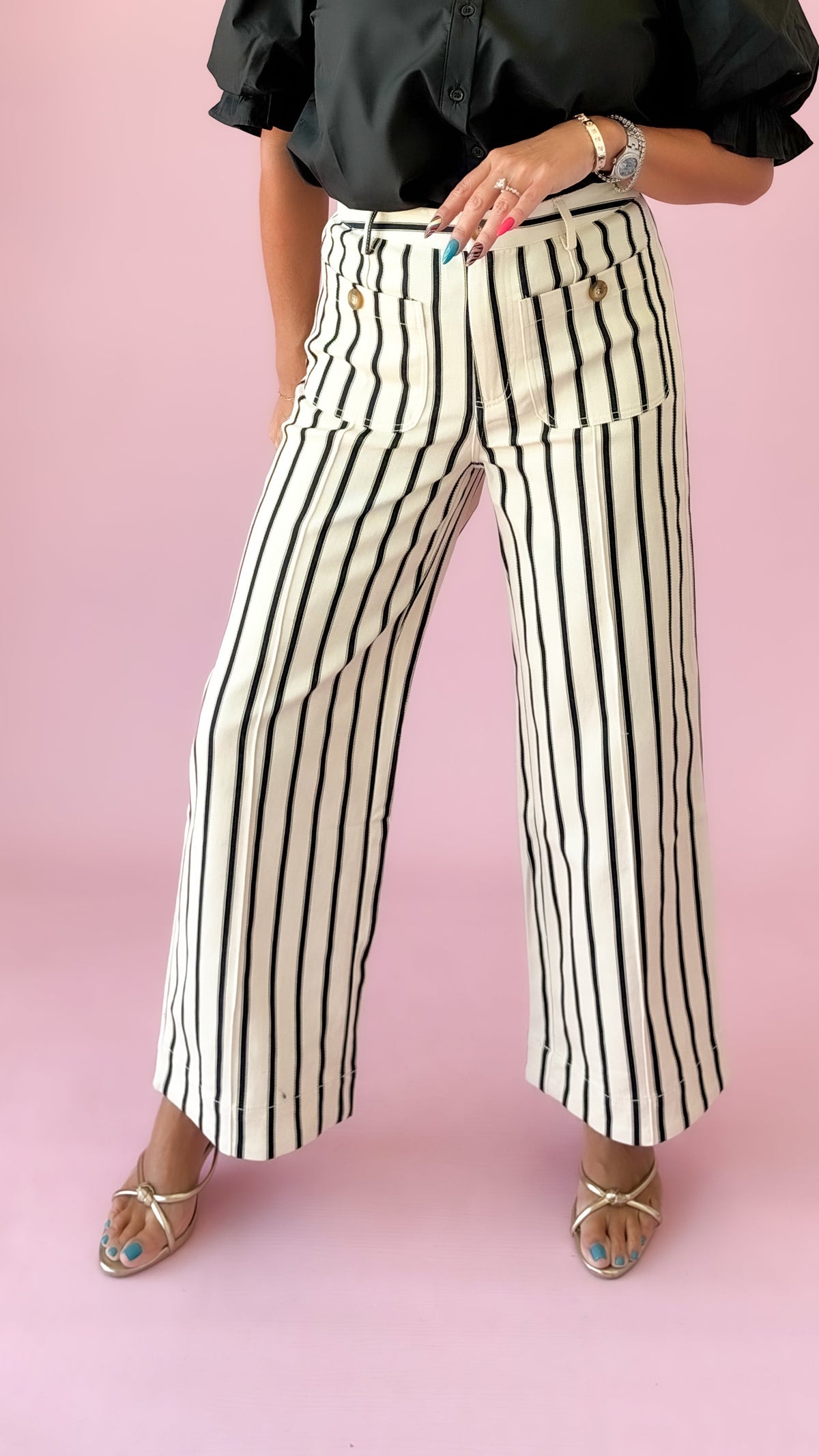 Striped Button Detail Pants/Cream