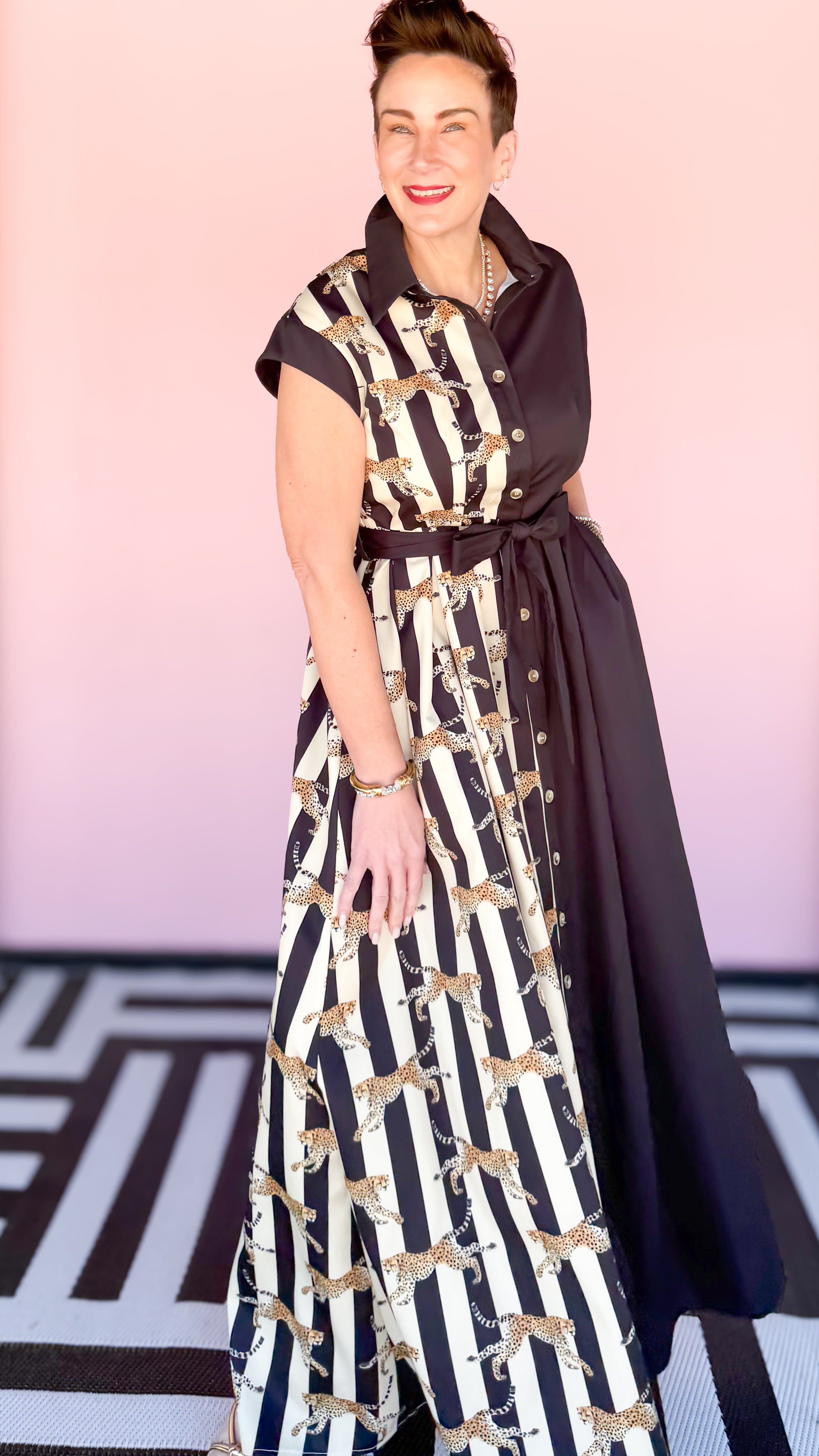 Leopard stripe shirt dress in black worn on model - styled view - BLVD Boutik